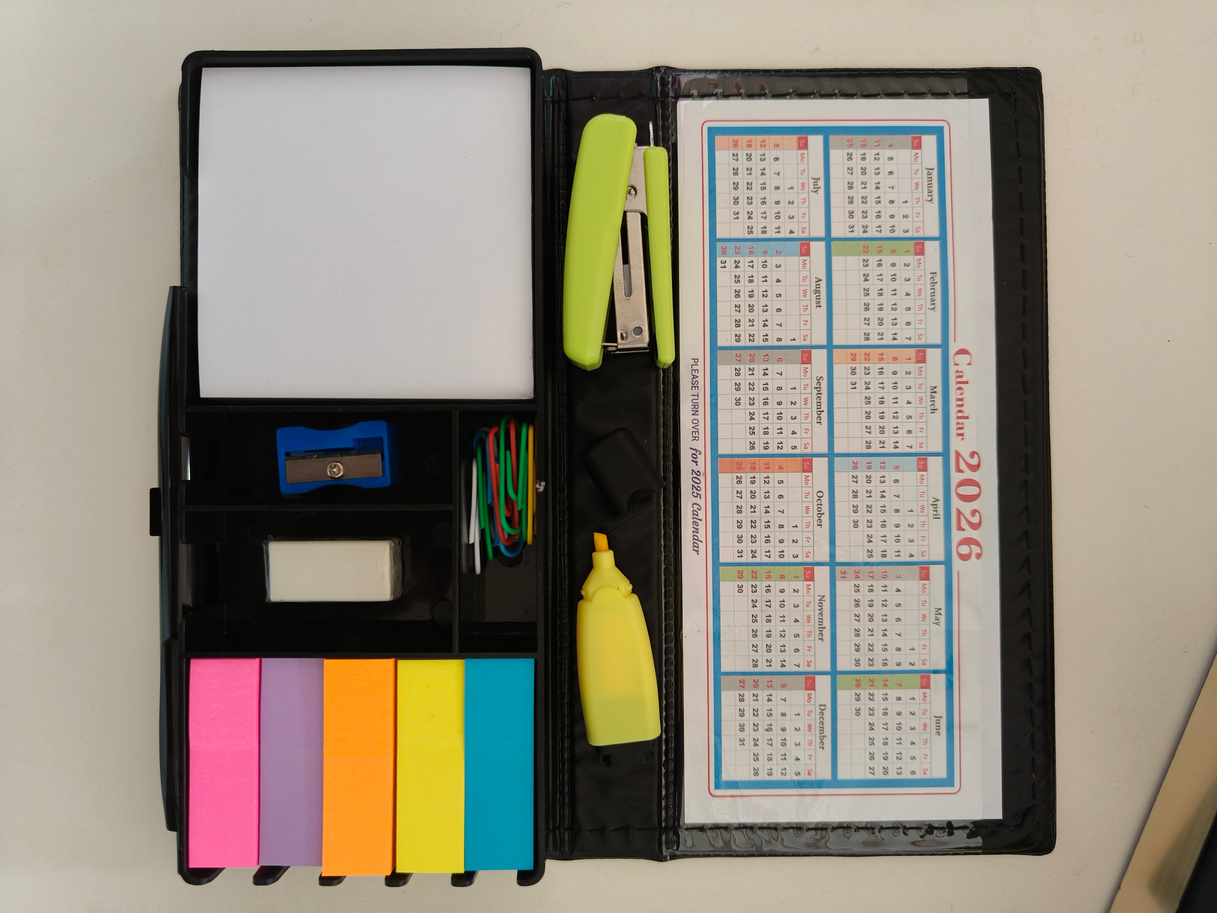 Desktop Organiser | Desktop Calendar Stand with Sticky Notes Organizer, Notepad and Paper Clips Holder, Black