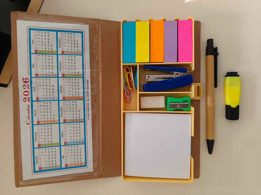 Eco-Friendly Stationary Set With Paper Clips, Stapler, Sticky Notes, Calendar, Sharpner, Eraser, Pen | Eco-friendly Desk Organiser