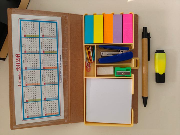 Eco-Friendly Stationary Set With Paper Clips, Stapler, Sticky Notes, Calendar, Sharpner, Eraser, Pen | Eco-friendly Desk Organiser