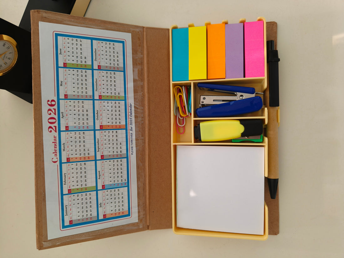 Eco-Friendly Stationary Set With Paper Clips, Stapler, Sticky Notes, Calendar, Sharpner, Eraser, Pen | Eco-friendly Desk Organiser