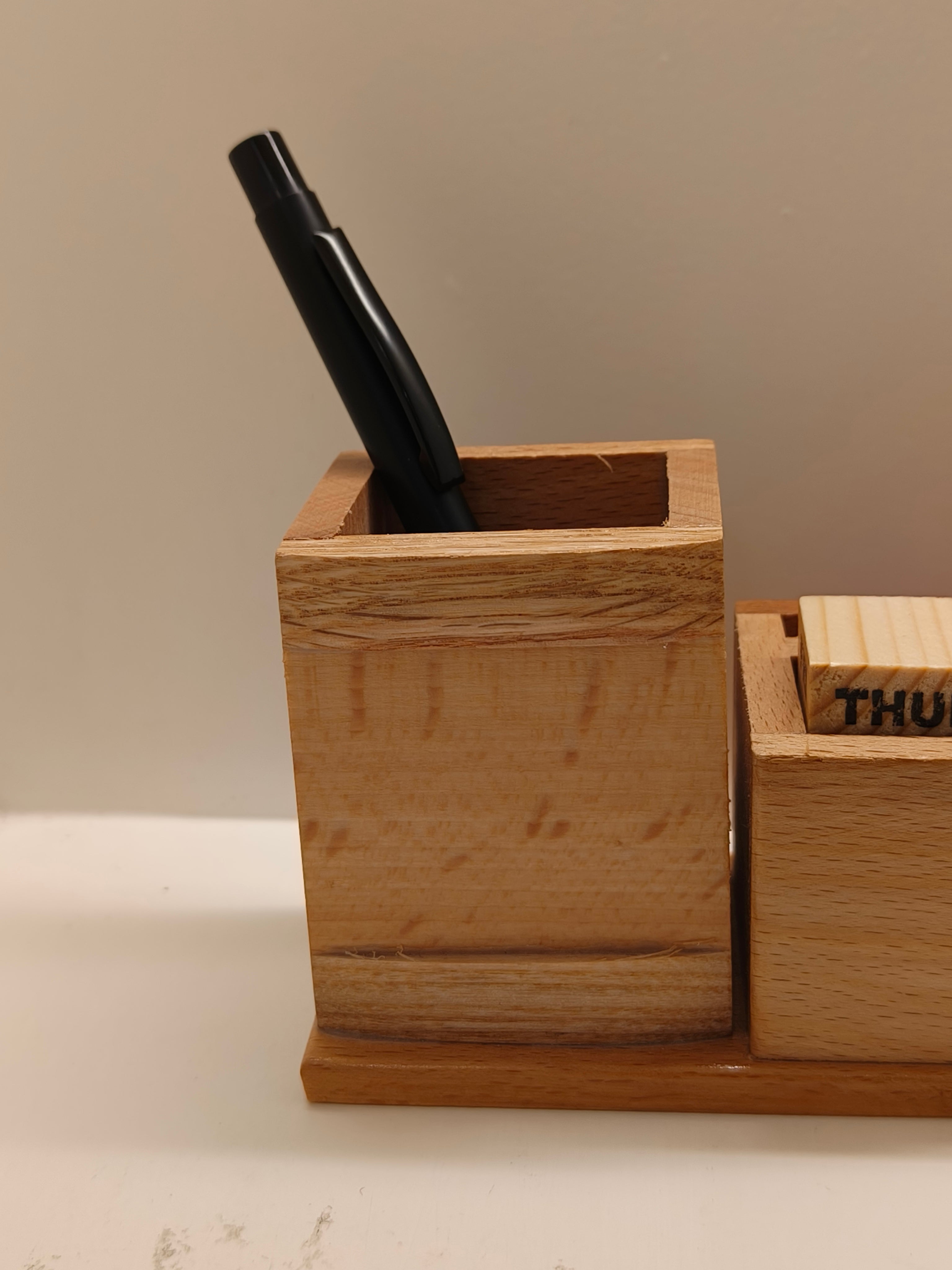 Wooden Desk Organizer with Pen Stand, Mobile Holder, Indian Flag, Ashoka Pillar, Analogue Clock, and Calendar - Stationery | Personalized Office Accessory For IAS, Advocates, Officers & Corporate Gifts, Brown