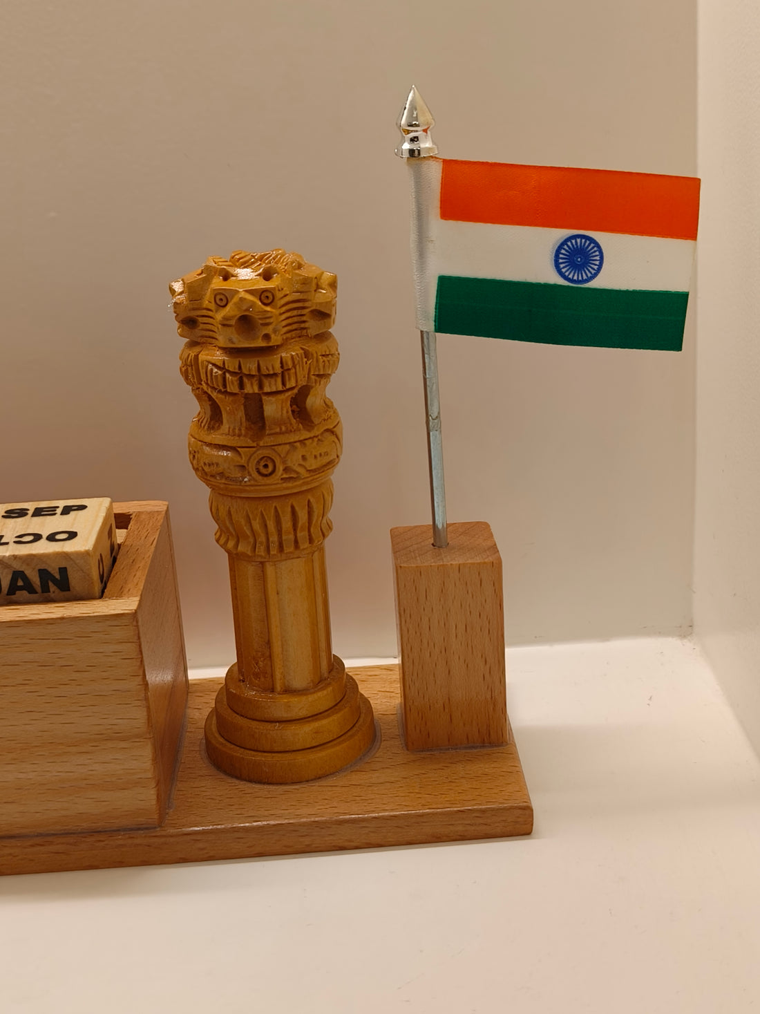Wooden Desk Organizer with Pen Stand, Mobile Holder, Indian Flag, Ashoka Pillar, Analogue Clock, and Calendar - Stationery | Personalized Office Accessory For IAS, Advocates, Officers & Corporate Gifts, Brown