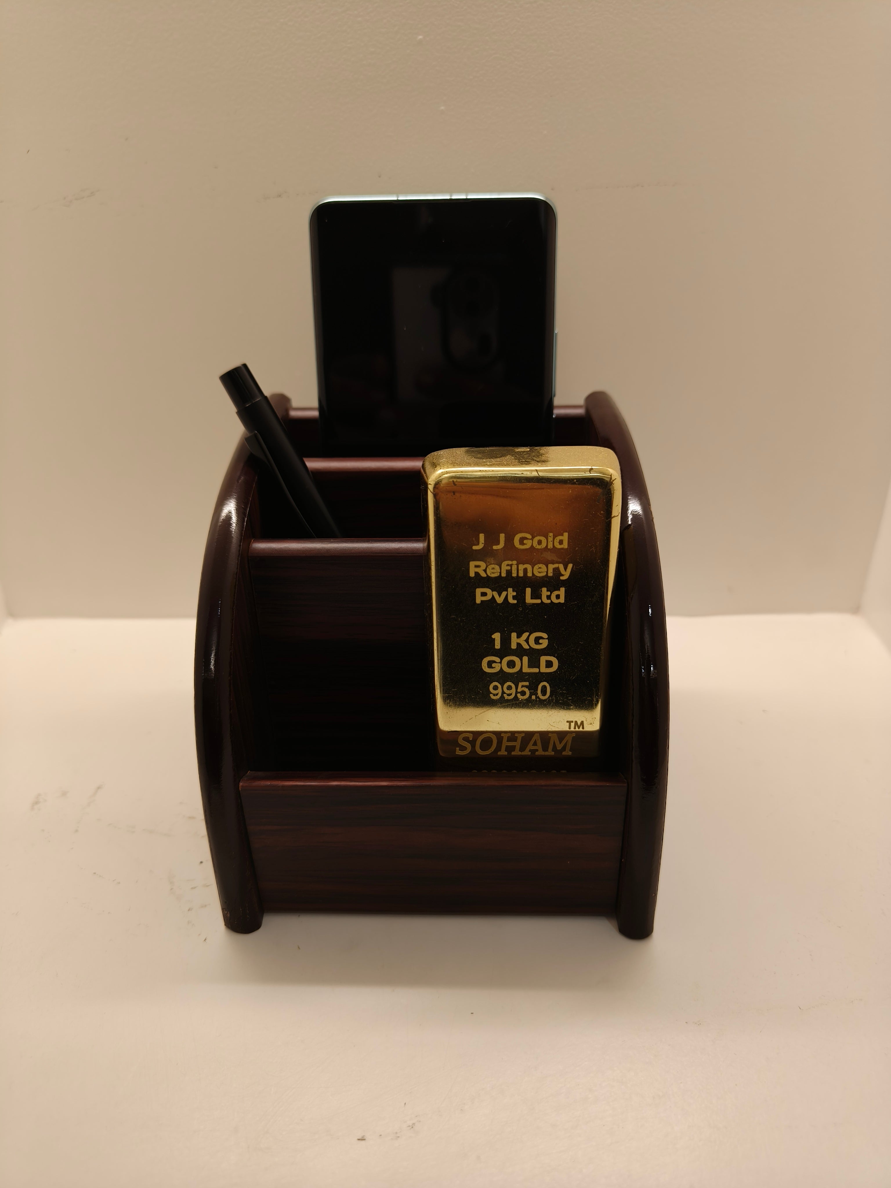 3 Compartments Wood Desk Organizer, Mobile Rack, Ac Remote Rack, Letter Rack (Brown)