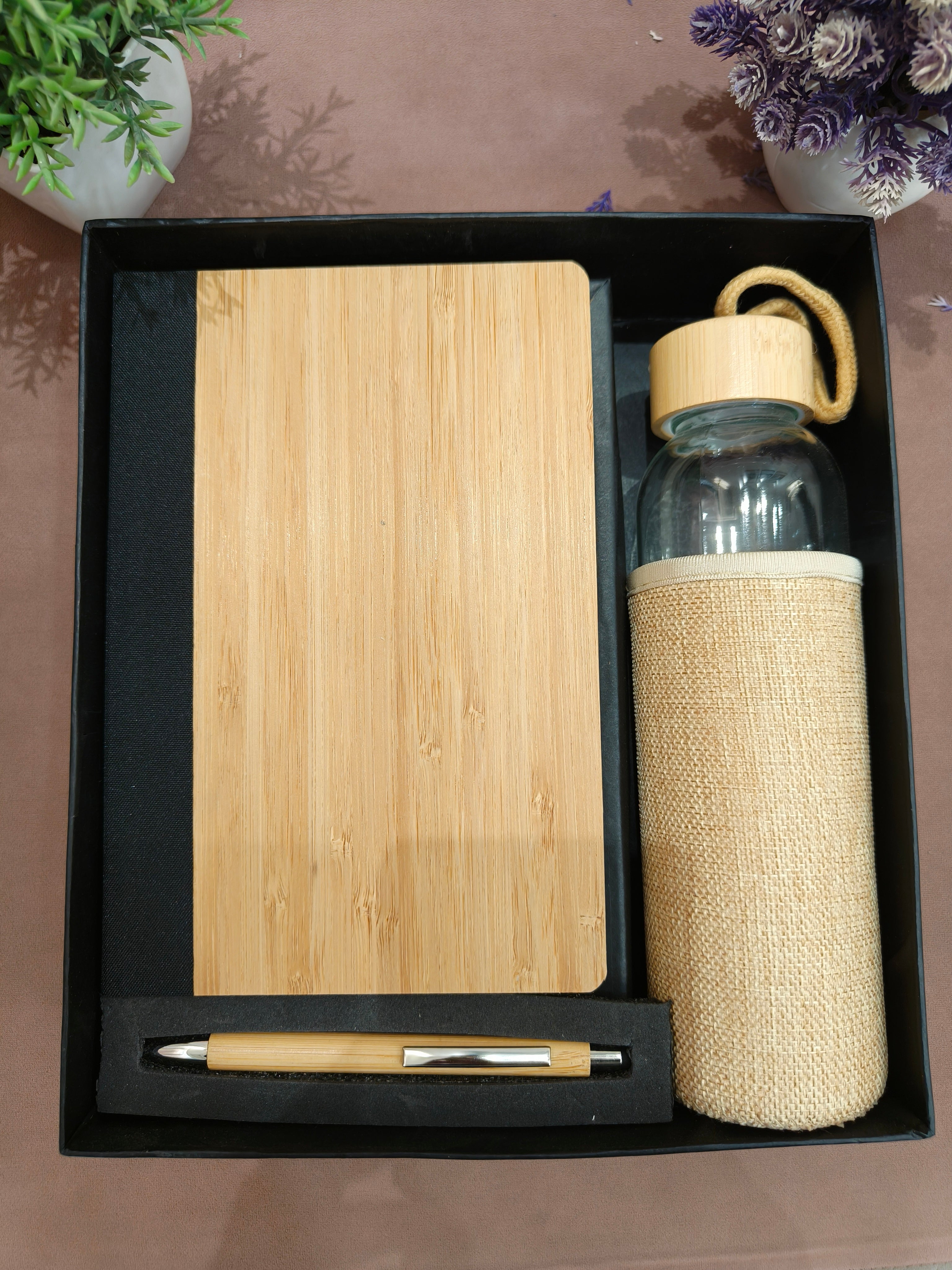 3-in-1 Sustainable Gift Set with Jute Sleeve Water Bottle, Wooden Pen, Bamboo Notebook, Corporate Business Diary Set