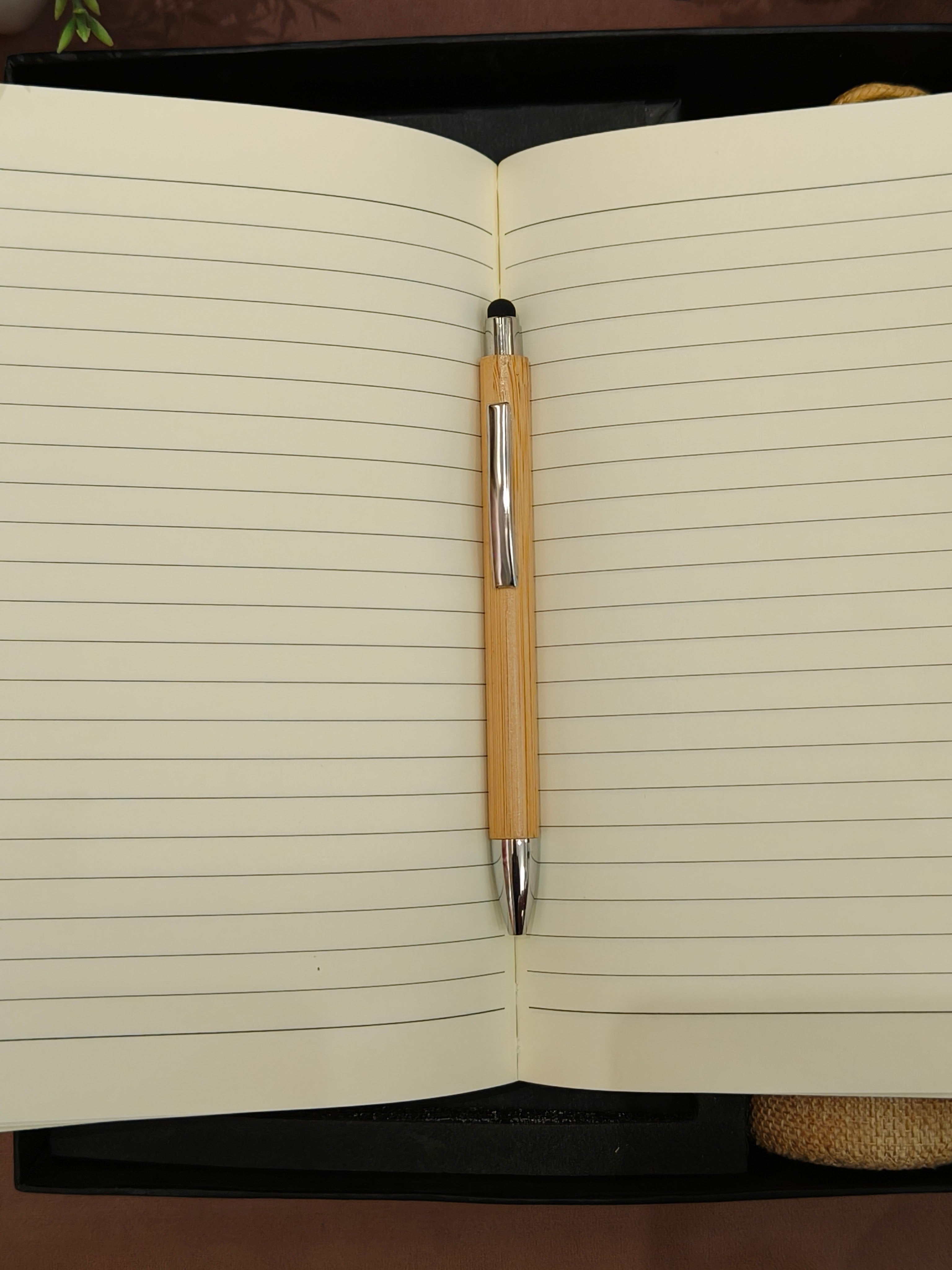 3-in-1 Sustainable Gift Set with Jute Sleeve Water Bottle, Wooden Pen, Bamboo Notebook, Corporate Business Diary Set