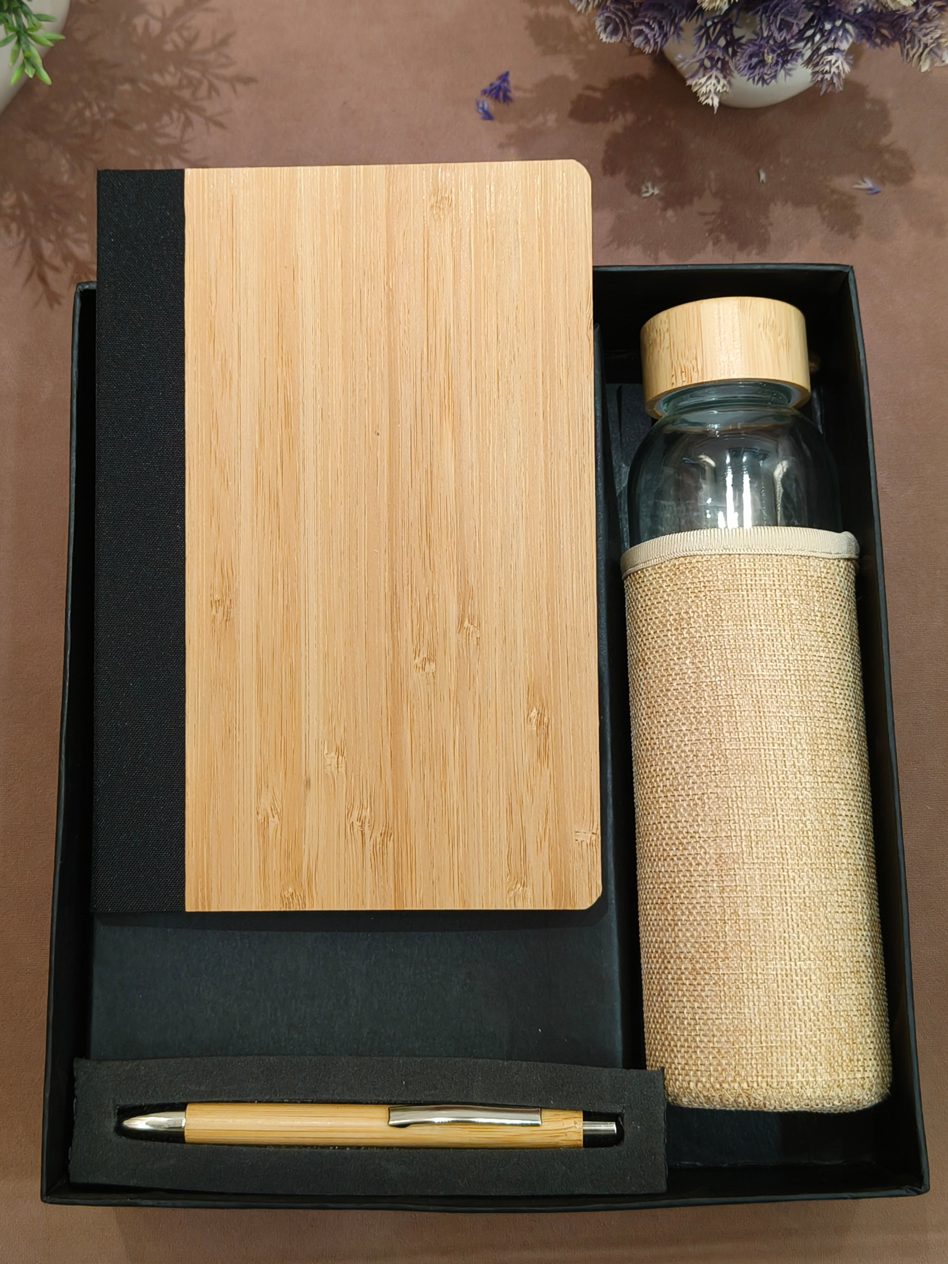 3-in-1 Sustainable Gift Set with Jute Sleeve Water Bottle, Wooden Pen, Bamboo Notebook, Corporate Business Diary Set