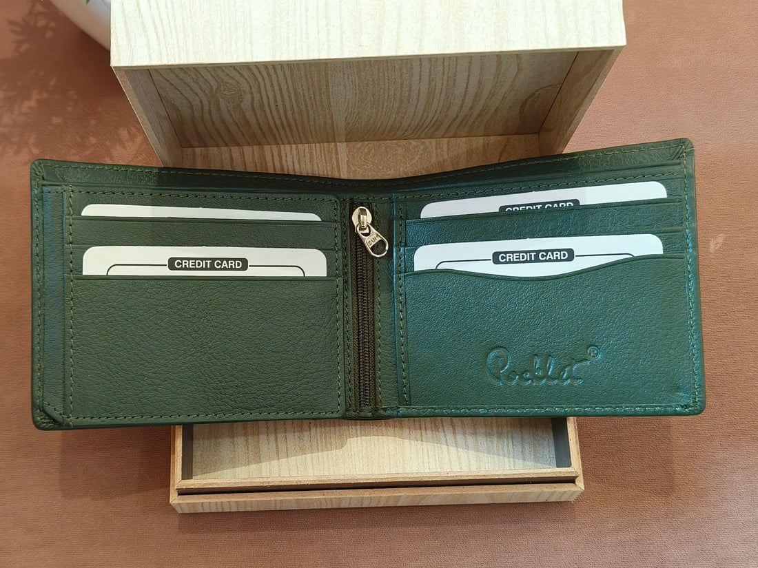 Oliver Green Leather Wallet for Men | 6 Card Slot | Wooden Case | Customise Name Logo Option | Ideal Gifting for Male | Classy and Elegant