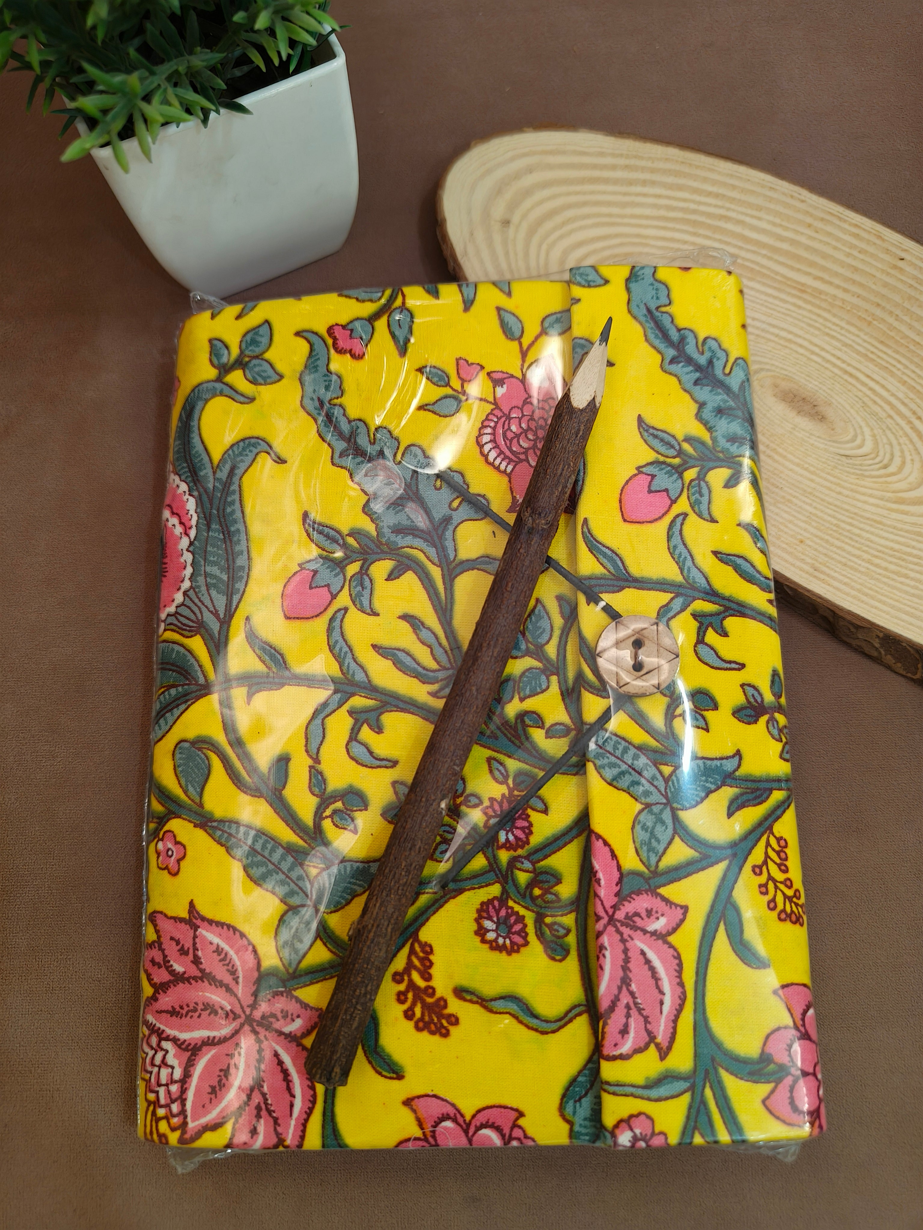 Handcrafted Jaipur Fabric Diary with Neem Pencil | Traditional Block Print Deisgn Diary Journal and Neem Pencil | Personal Diary and Notebook | 6 * 8 inch
