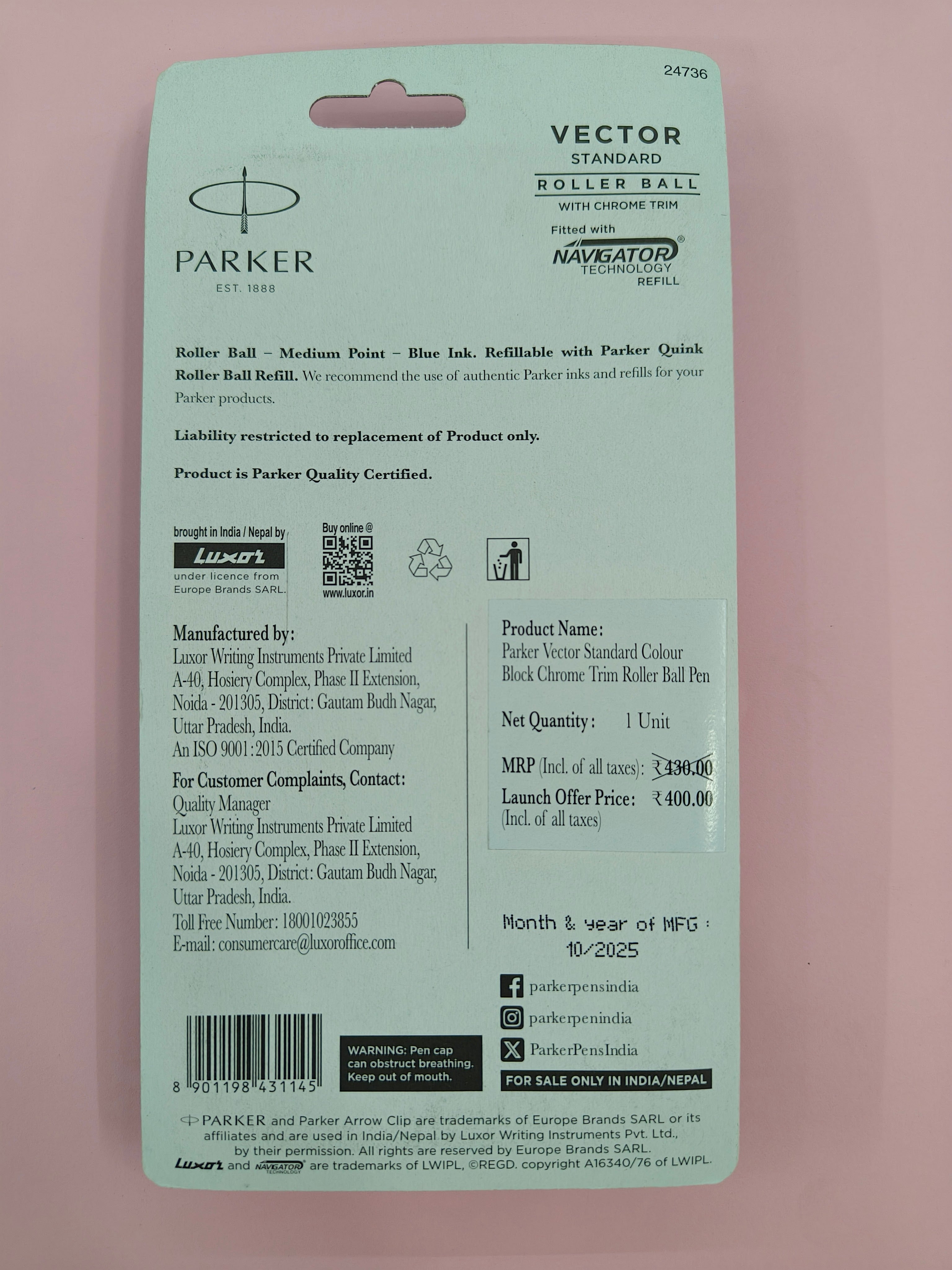 Parker Vector Standard Silver Trim Roller Ball Pen | Ink Color - Blue | Pastel Dual Shade Body Color | Ergonomic Design | Built for Long Writing Sessions