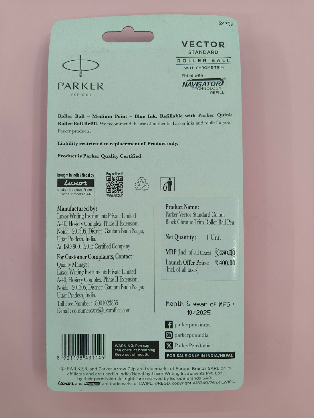 Parker Vector Standard Silver Trim Roller Ball Pen | Ink Color - Blue | Pastel Dual Shade Body Color | Ergonomic Design | Built for Long Writing Sessions