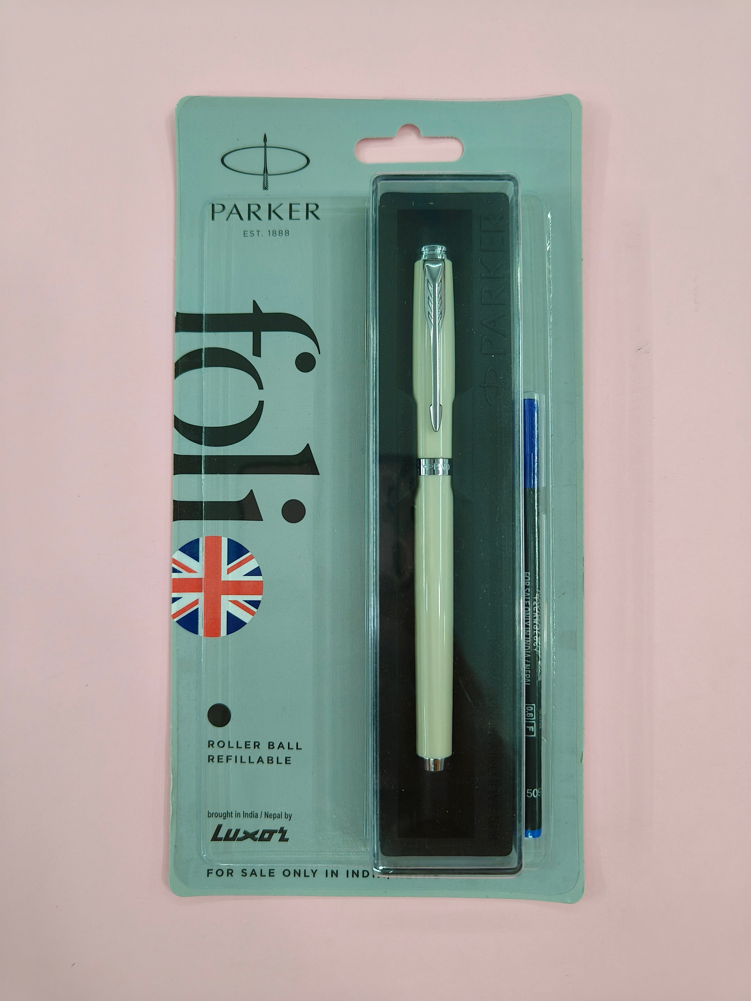 Parker Folio Standard Chrome Trim Roller White Ball Pen | Ideal for Office Professionals, College Students, and Personal Use | Smooth Writing Experience