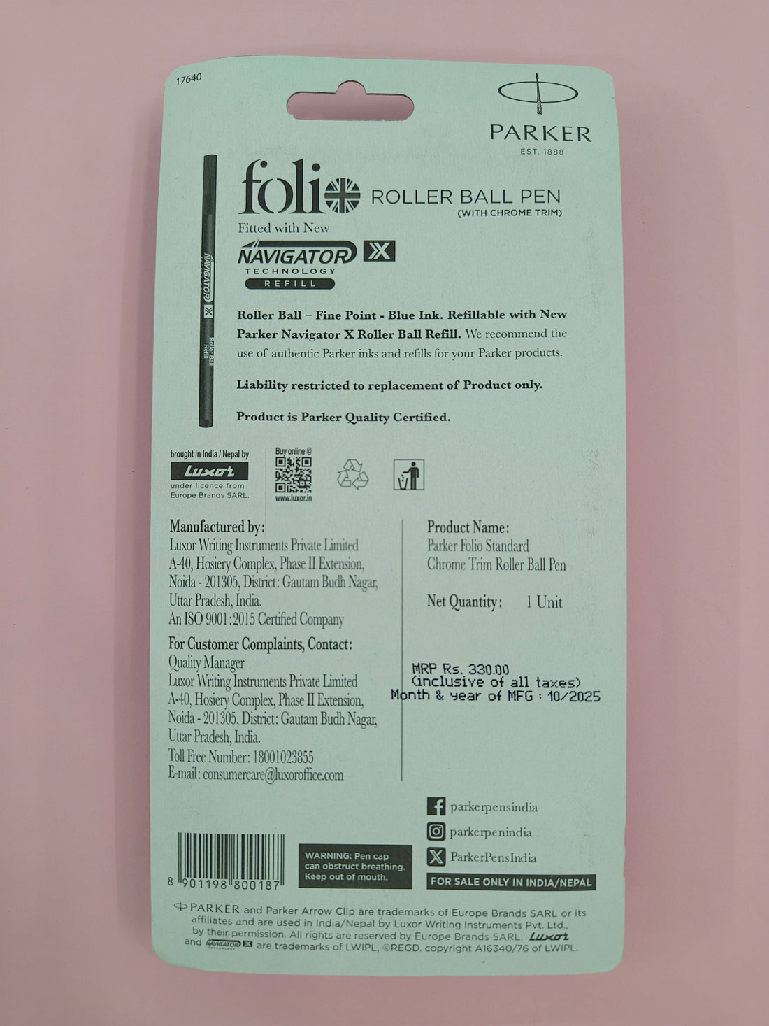 Parker Folio Standard Chrome Trim Roller White Ball Pen | Ideal for Office Professionals, College Students, and Personal Use | Smooth Writing Experience