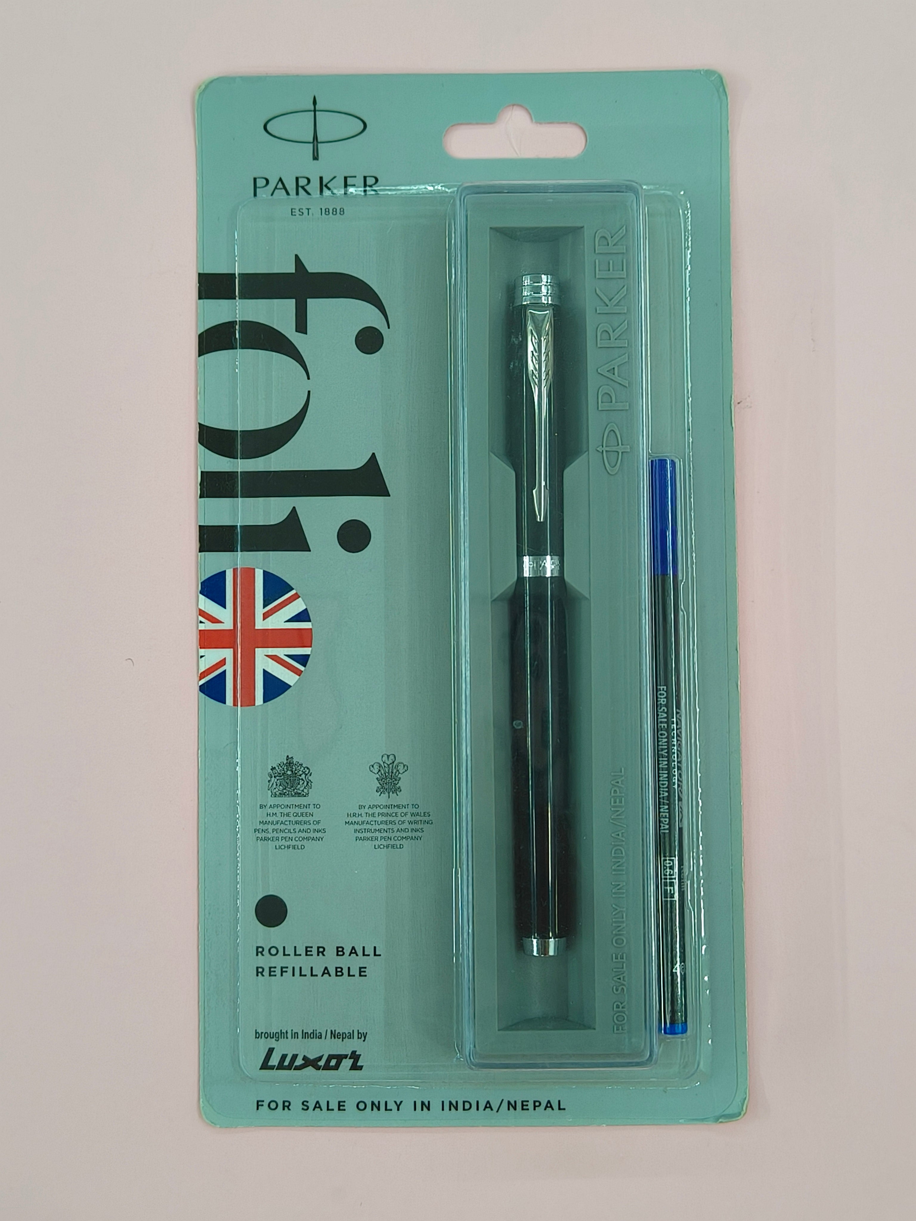 Parker Folio Standard Chrome Trim Roller Black Ball Pen | Ideal for Office Professionals, College Students, and Personal Use | Smooth Writing Experience