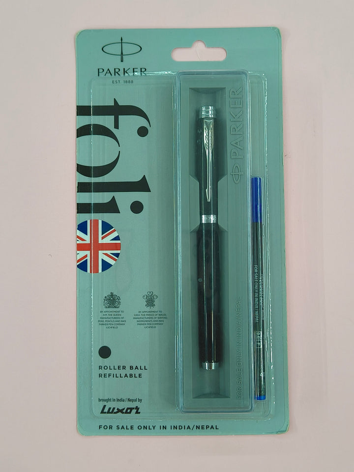 Parker Folio Standard Chrome Trim Roller Black Ball Pen | Ideal for Office Professionals, College Students, and Personal Use | Smooth Writing Experience