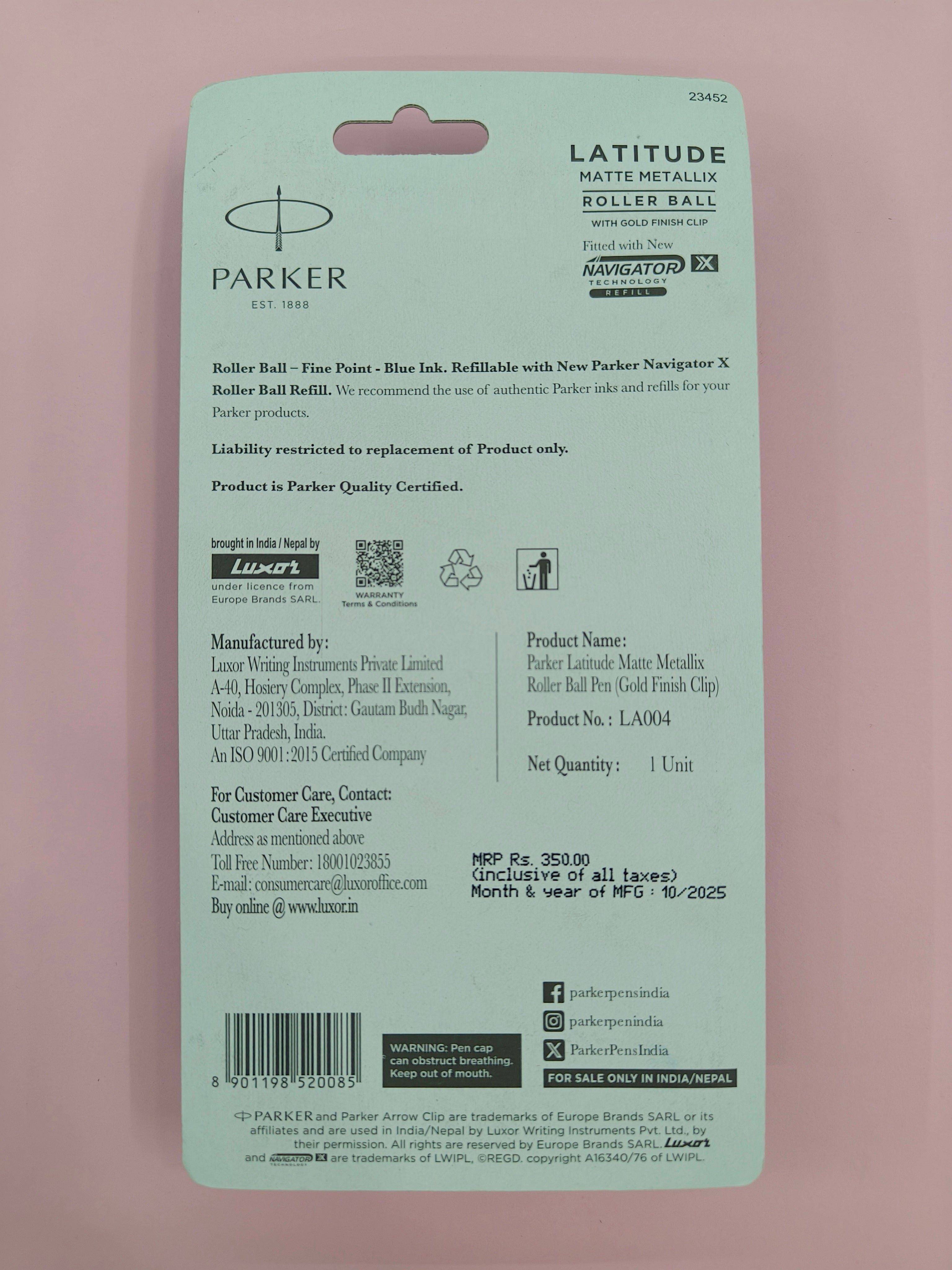 Parker Latitude Matte Metallix Roller Ball Pen with Gold Trim - Blue ink