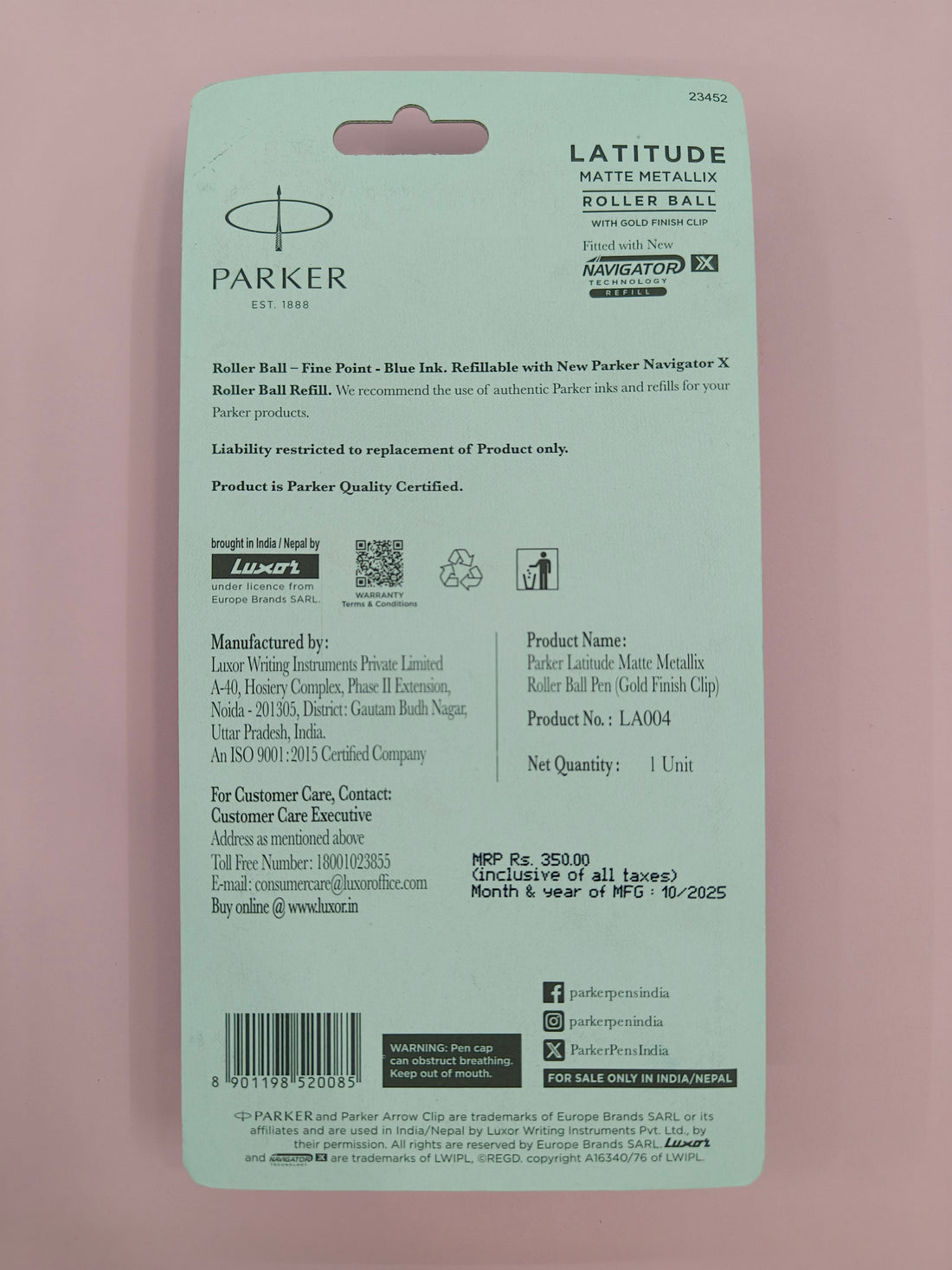 Parker Latitude Matte Metallix Roller Ball Pen with Gold Trim - Blue ink