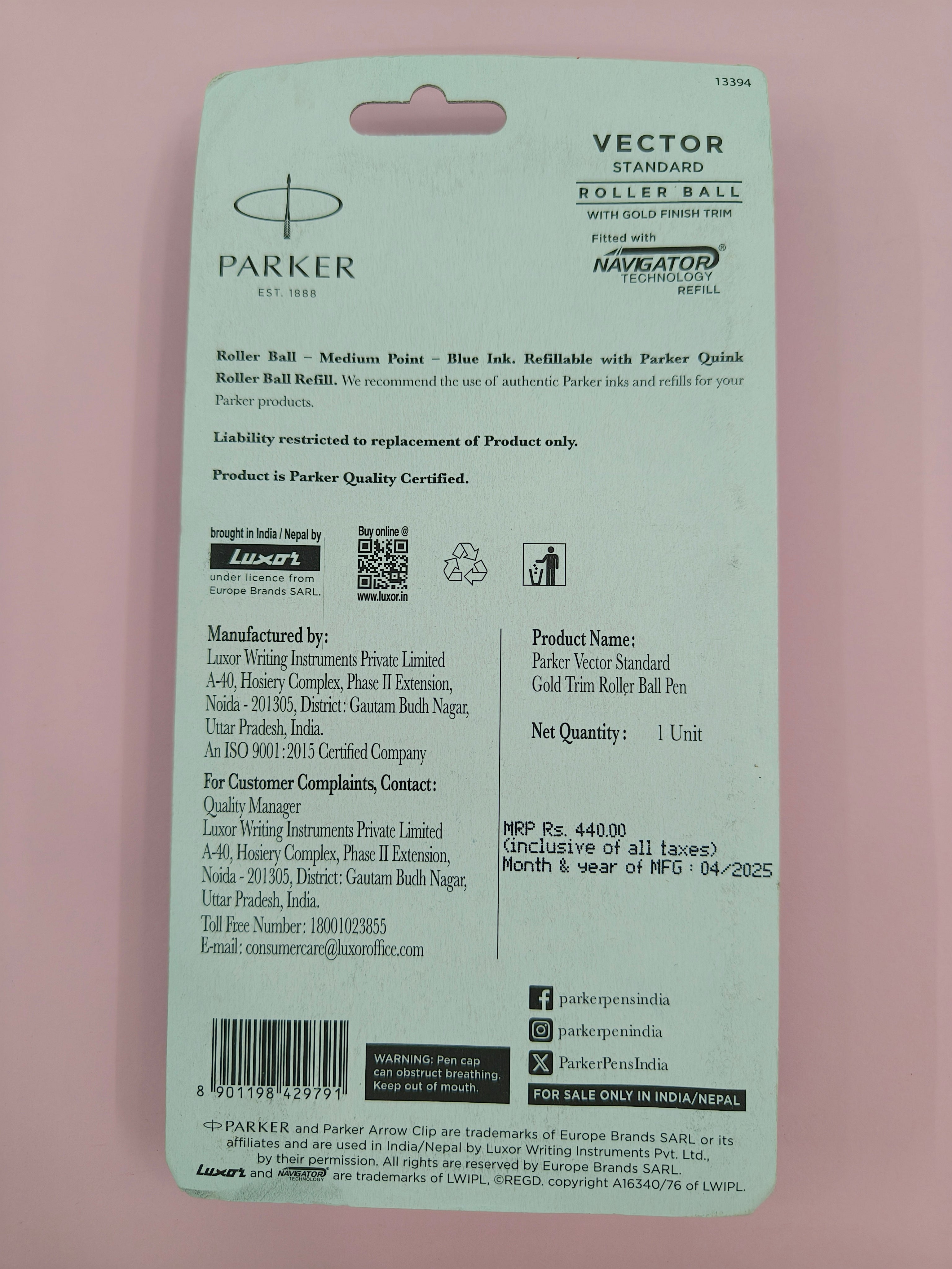 Parker Vector Standard Gold Trim Roller Ball Pen, Blue