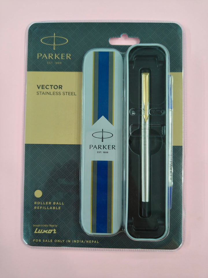 Parker Vector Stainless Steel Gold Trim Roller Ball Pen | Ink Color - Blue | Perfect For Corporate Use | Elite Pen For Professionals
