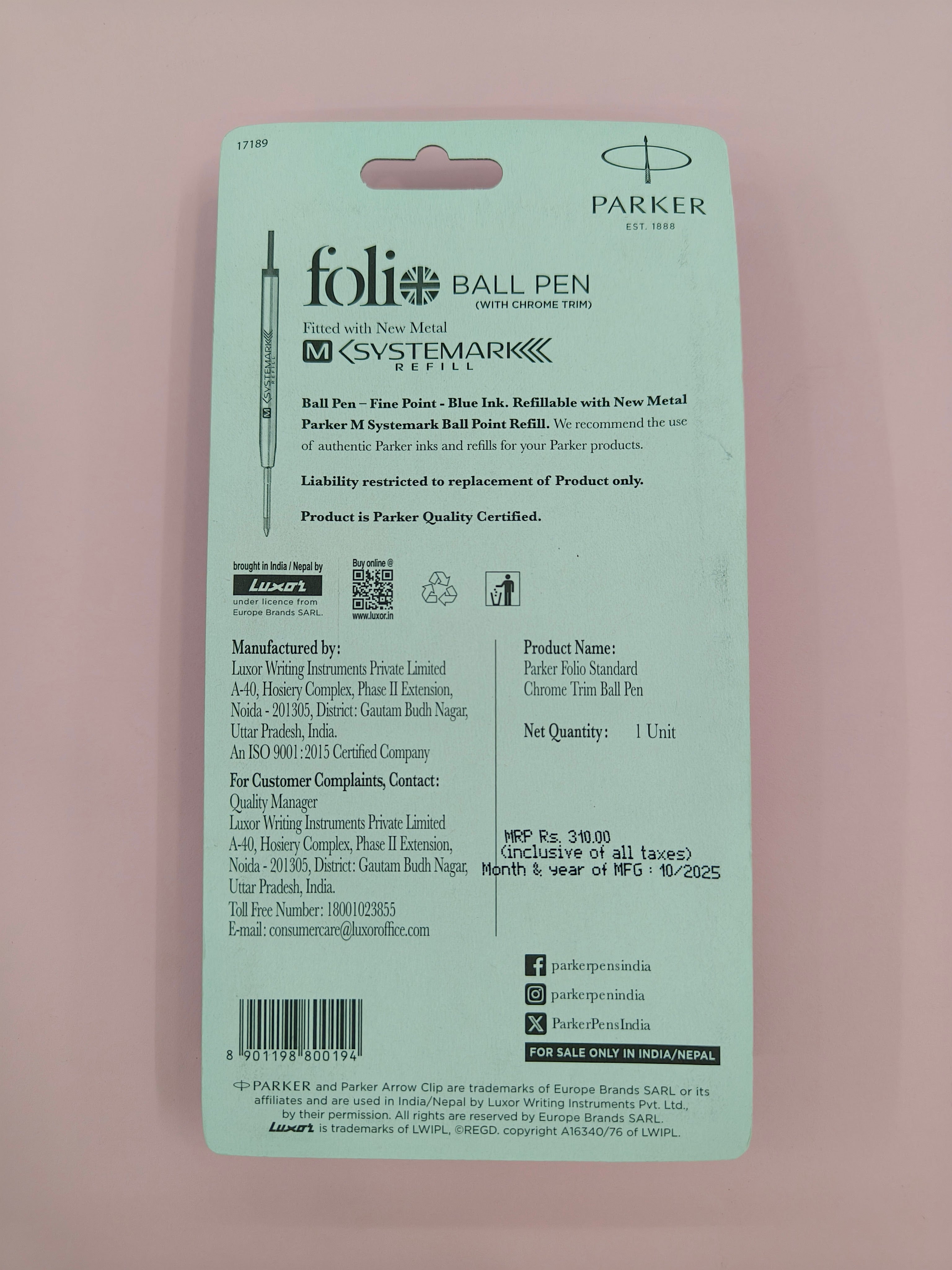 Parker Folio Standard Chrome Trim Ball Pen (Ink - Blue)