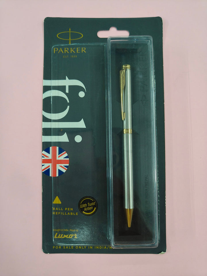 Parker Folio Stainless Steel Gold Trim Ball Pen | Ink Color : Blue | Leading Pen For Corporate