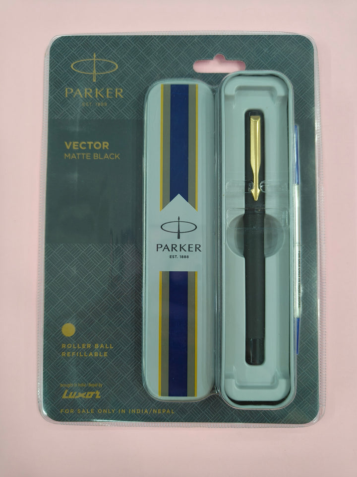 Parker Vector Matte Black Gold Trim Roller Ball Pen | Ink Colour - Blue | Ideal for Office Professionals, College Students, and Personal Use