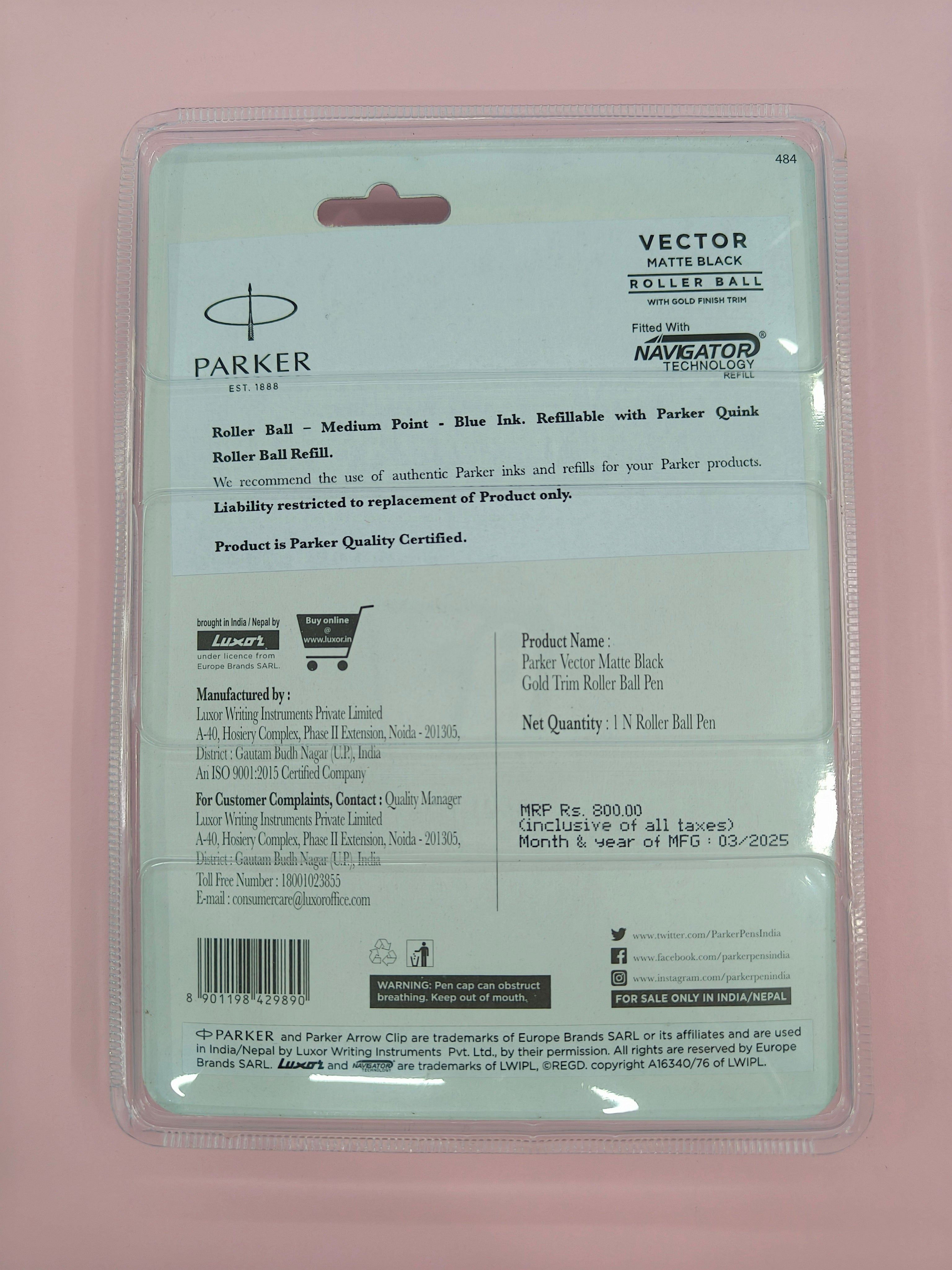 Parker Vector Matte Black Gold Trim Roller Ball Pen | Ink Colour - Blue | Ideal for Office Professionals, College Students, and Personal Use
