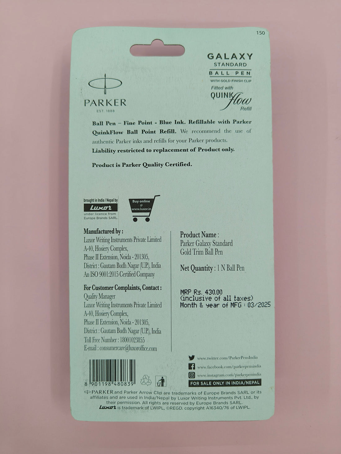 Parker Galaxy Standard Gold Trim Ball Pen | Ink Colour - Blue