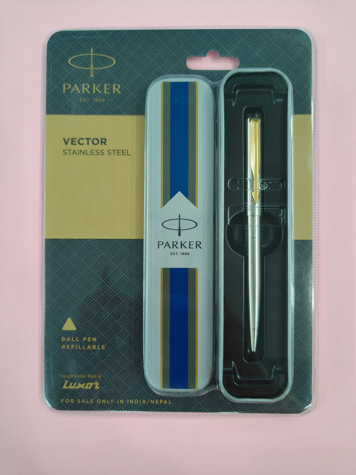 Parker Vector Stainless Steel Gold Trim Ball Pen | Ink Color - Blue | Perfect For Corporate Use | Elite Pen For Professionals