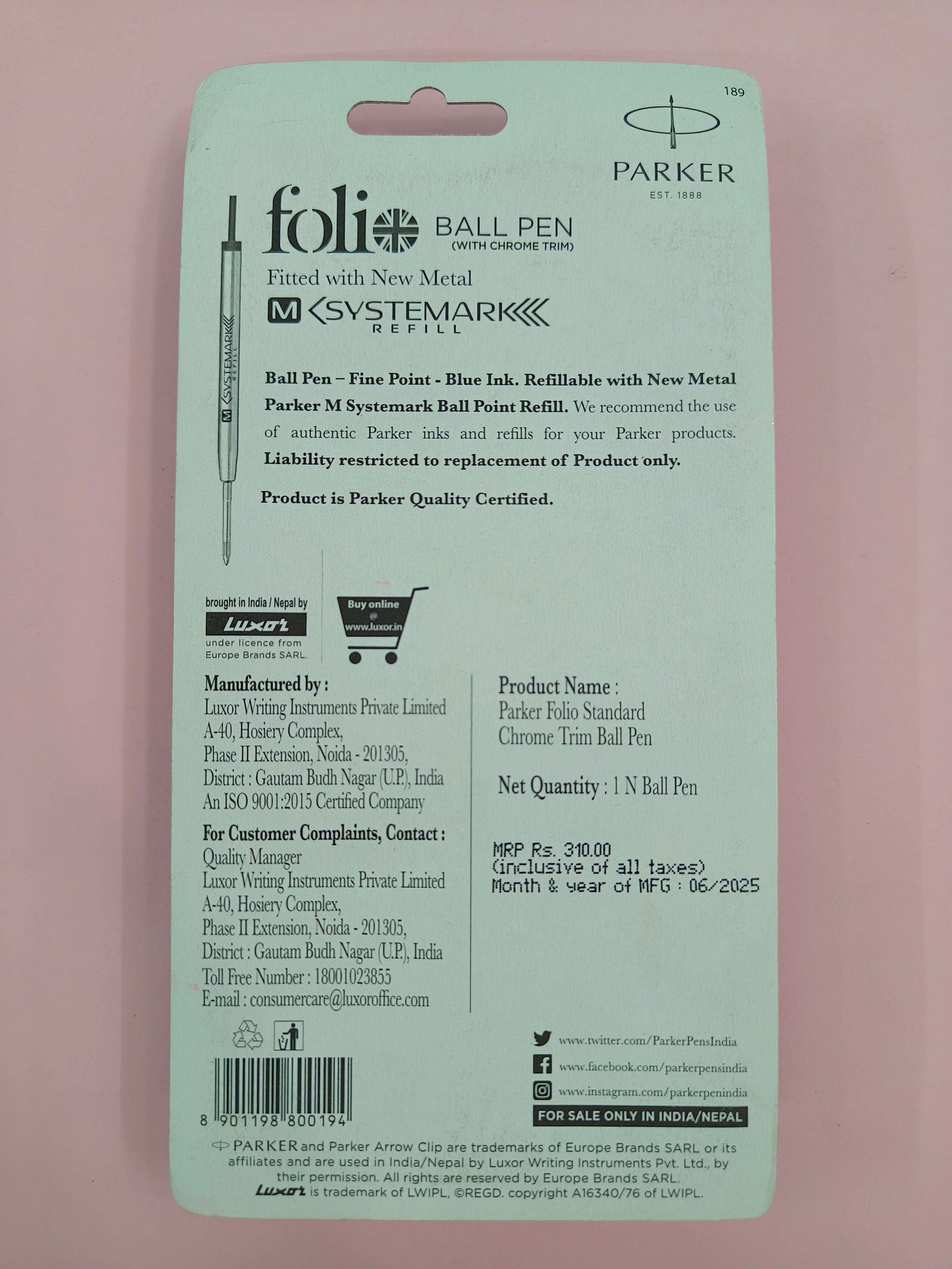 Parker Folio Standard Chrome Trim Ball Pen | Ink Colour - Blue | Ideal for Professional, Corporate, College Student and Personal Use