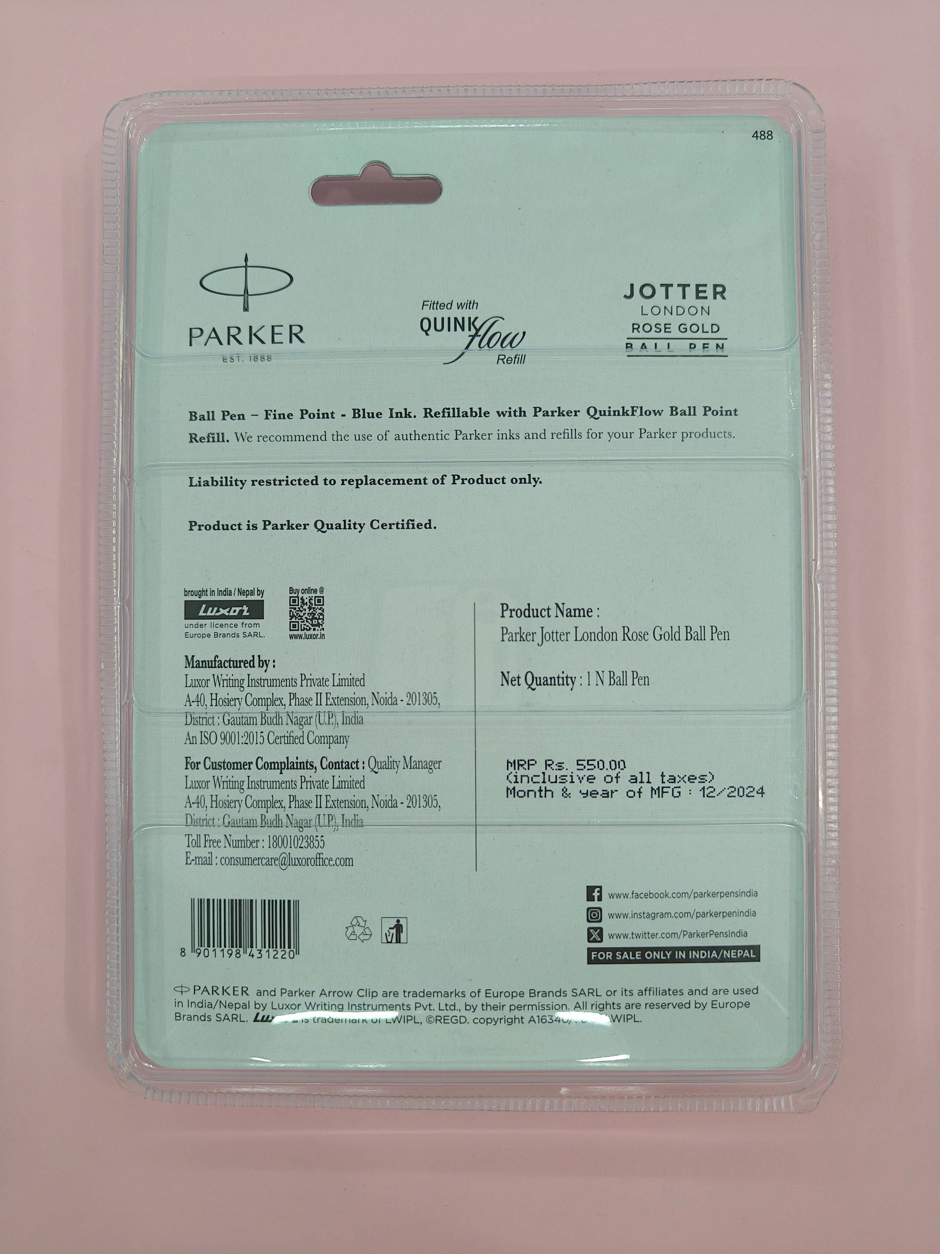 Parker Jotter London Rose Gold Ball Pen | Stainless Steel Body with Rose Gold Trim | Ink Color Blue | Premium Click Ballpoint Pen for Smooth Writing, Office, School, or Gifting