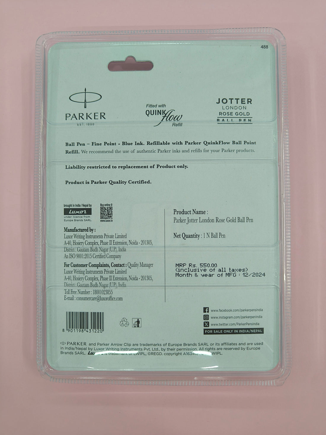 Parker Jotter London Rose Gold Ball Pen | Stainless Steel Body with Rose Gold Trim | Ink Color Blue | Premium Click Ballpoint Pen for Smooth Writing, Office, School, or Gifting
