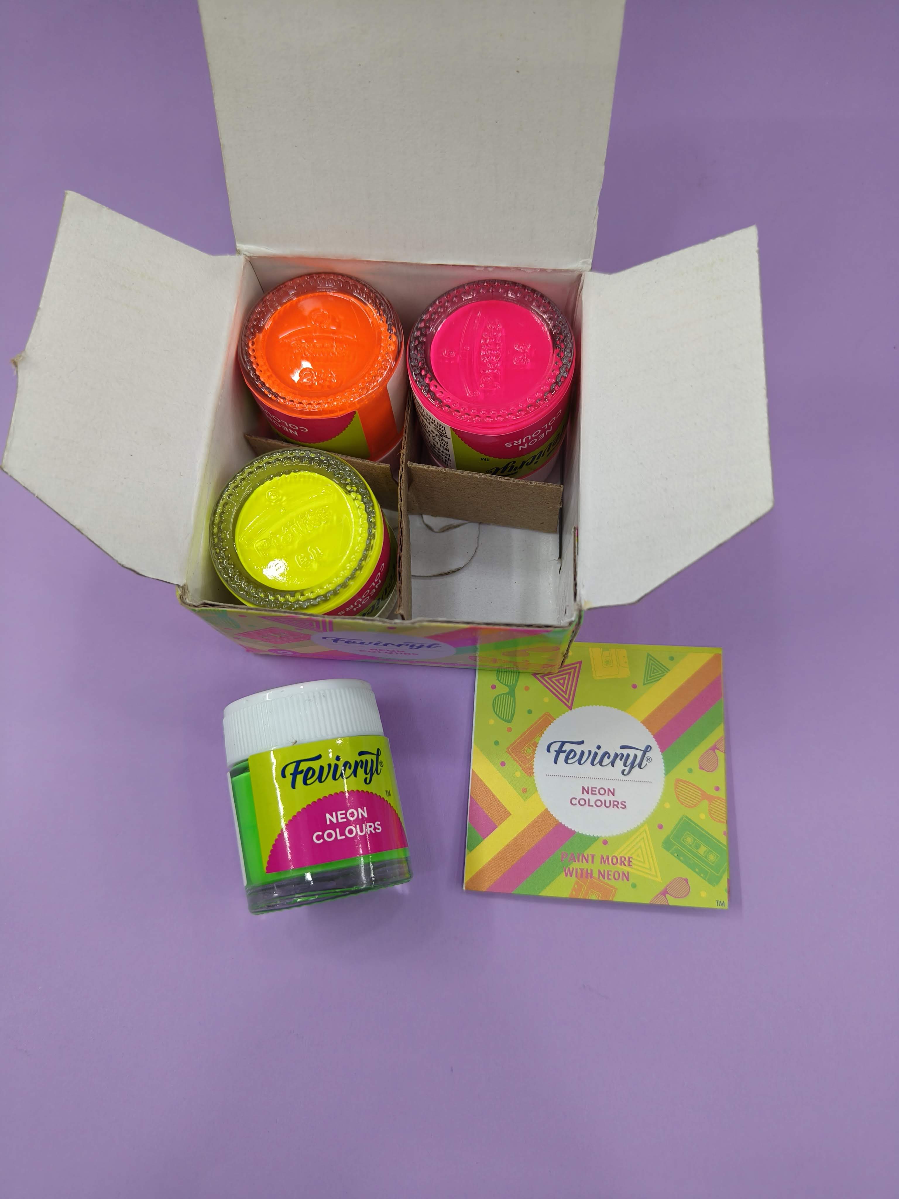 Fevicryl Neon Acrylic Colour Kit, 4 Shades x 15ml each | Vibrant And Colourful | DIY And Multi Surface Paints | Ideal For Beginners And Artists