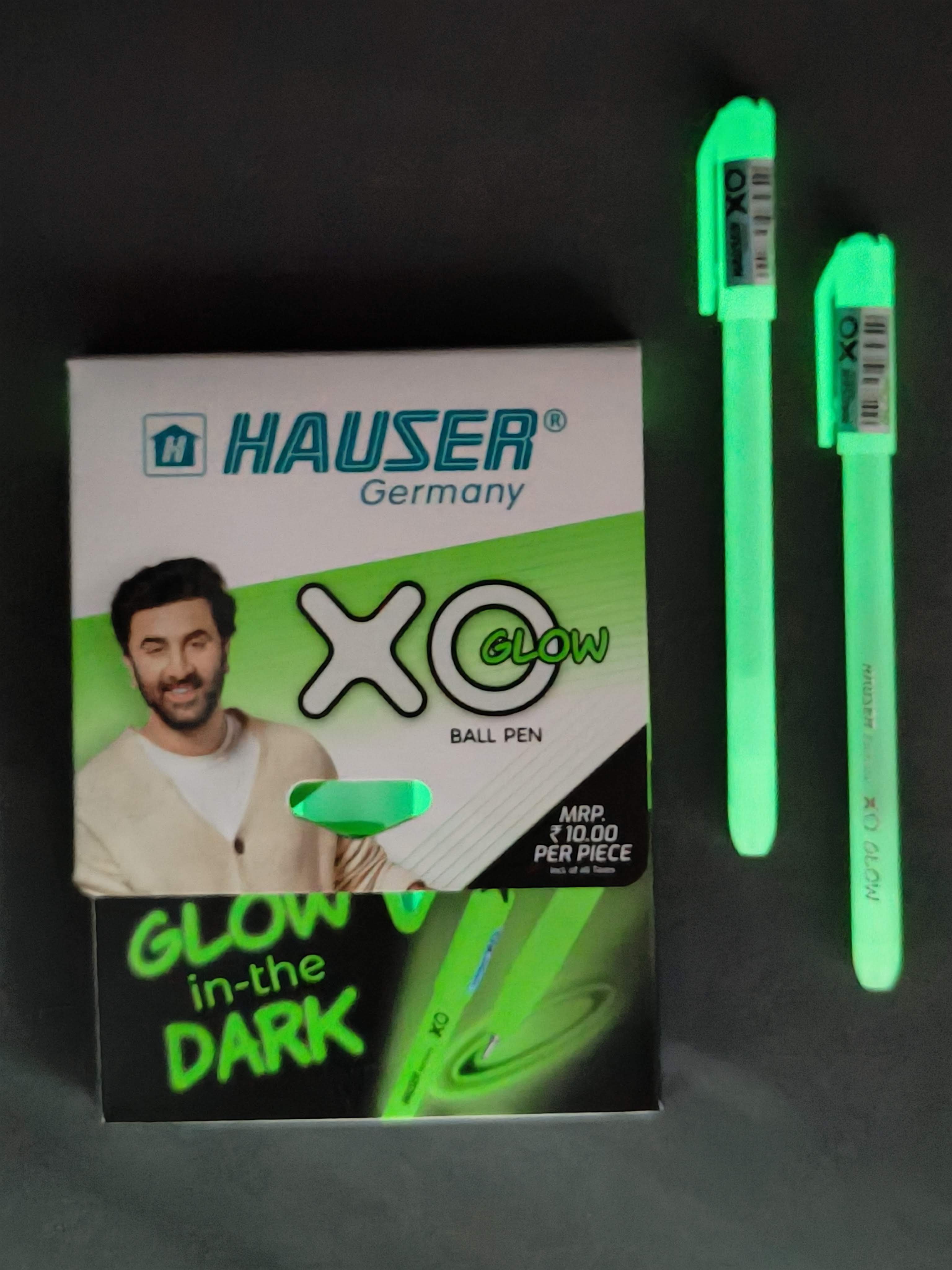 Hauser XO GLOW (Glows In The Dark) Waterproof Ball Pen 0.7 mm Tip - Pack of 10 | Lightweight, Smooth Writing, Comfortable Grip | Quick-Dry, Non-Fading, Low Viscosity Ink- For Daily Writing Use