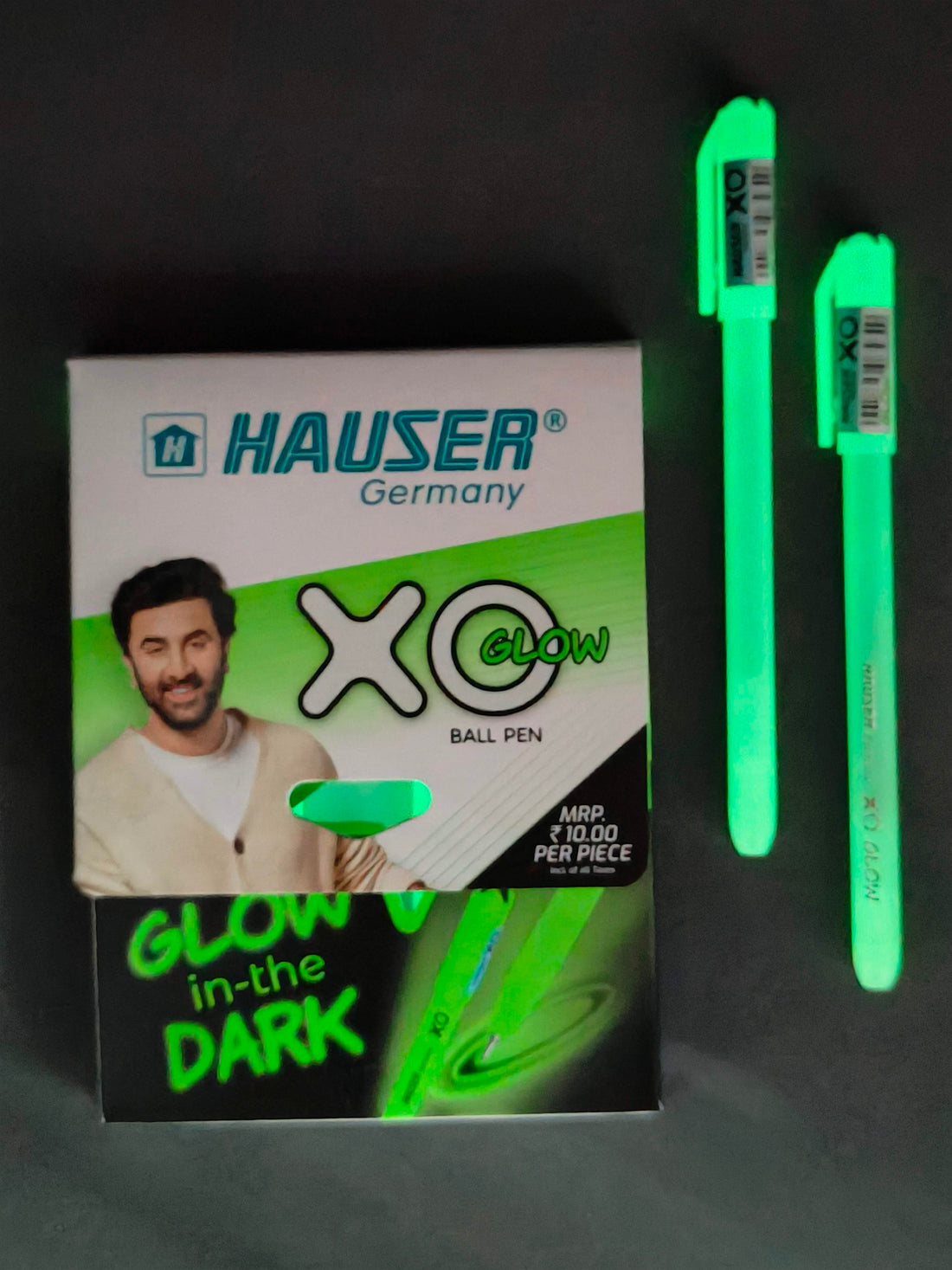 Hauser XO GLOW (Glows In The Dark) Waterproof Ball Pen 0.7 mm Tip - Pack of 10 | Lightweight, Smooth Writing, Comfortable Grip | Quick-Dry, Non-Fading, Low Viscosity Ink- For Daily Writing Use