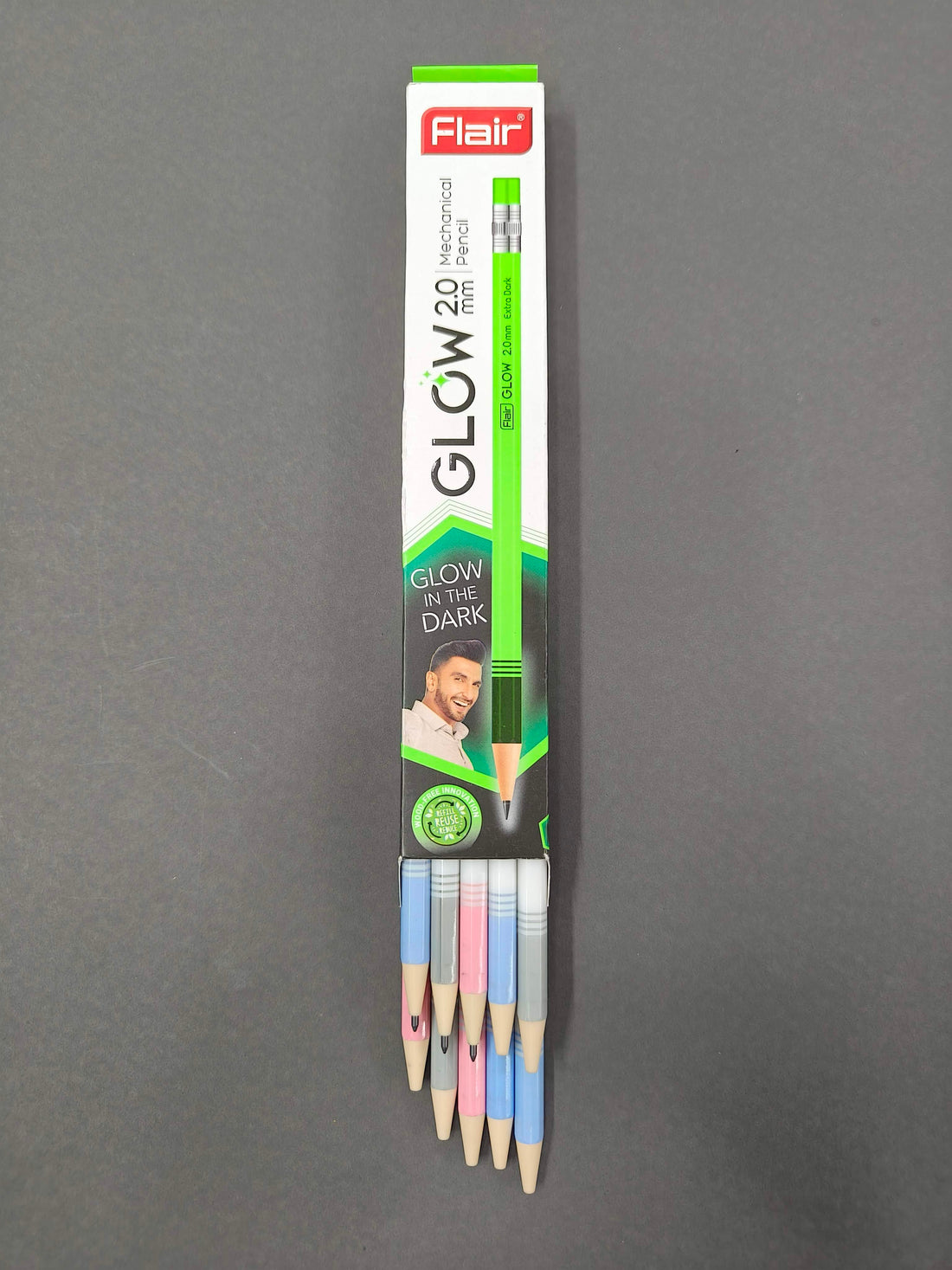 FLAIR 2mm GLOW Mechanical Pencil 2B Extra Dark Strong-Pack of 10 | FREE 2mm Sharpener Pro & Eraser | Glow in the Dark | Wood-Free, Refillable, Sharpenable | Non-Toxic | For Daily Writing Use