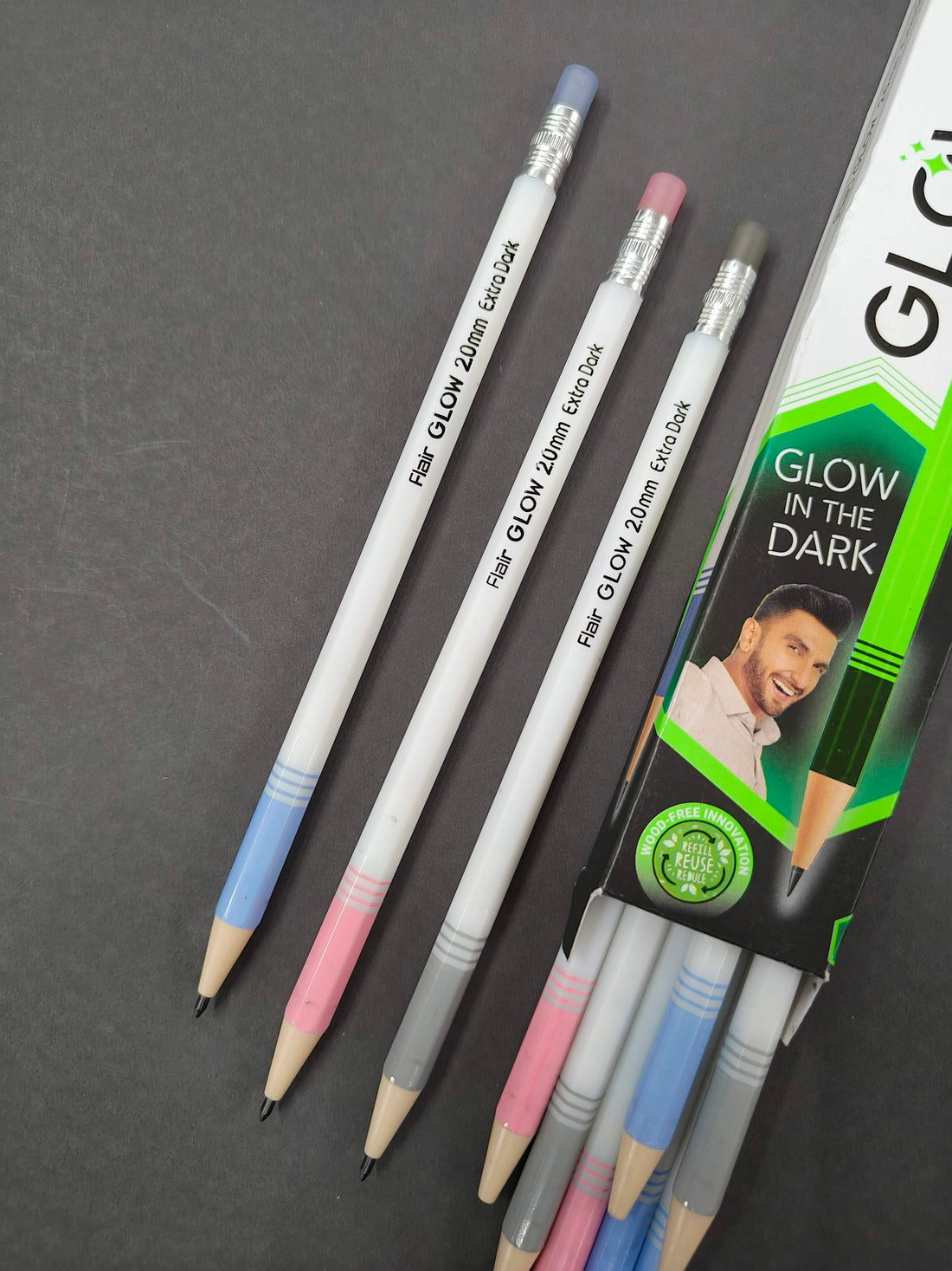 FLAIR 2mm GLOW Mechanical Pencil 2B Extra Dark Strong-Pack of 10 | FREE 2mm Sharpener Pro & Eraser | Glow in the Dark | Wood-Free, Refillable, Sharpenable | Non-Toxic | For Daily Writing Use
