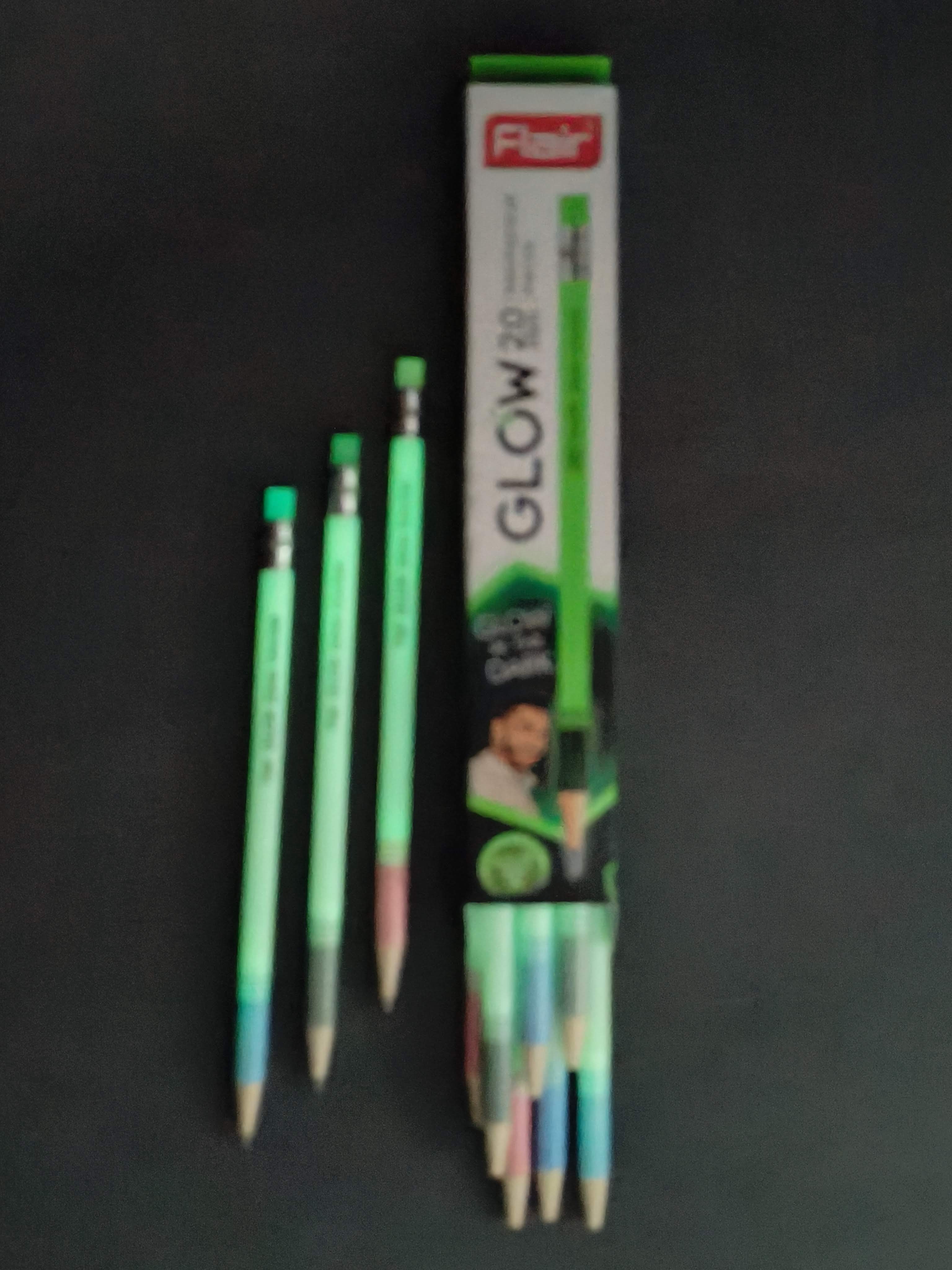 FLAIR 2mm GLOW Mechanical Pencil 2B Extra Dark Strong-Pack of 10 | FREE 2mm Sharpener Pro & Eraser | Glow in the Dark | Wood-Free, Refillable, Sharpenable | Non-Toxic | For Daily Writing Use