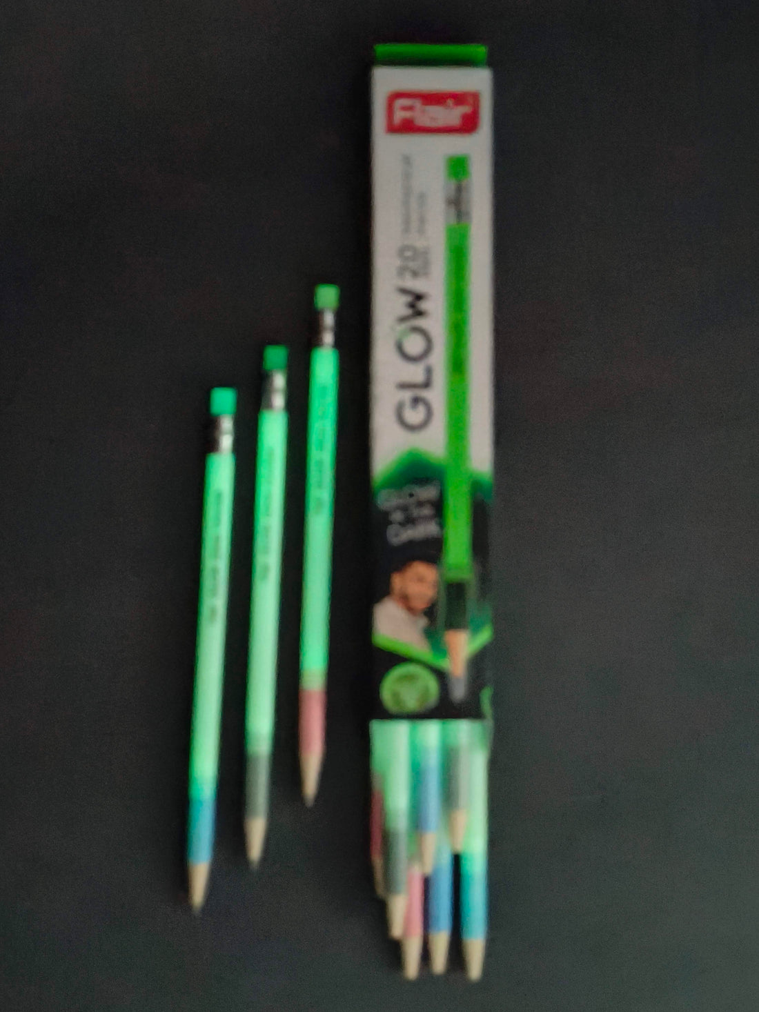 FLAIR 2mm GLOW Mechanical Pencil 2B Extra Dark Strong-Pack of 10 | FREE 2mm Sharpener Pro & Eraser | Glow in the Dark | Wood-Free, Refillable, Sharpenable | Non-Toxic | For Daily Writing Use