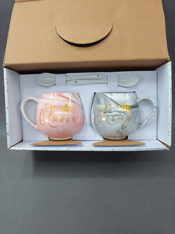 Royal Crown King and Queen Ceramic Coffee Mugs Set with Gold Spoon | Grey and Pink Marble Pattern, Gold Crown Design  | Tea Coffee Mugs | Gift for Couple, Wedding, Anniversary, Friends | Set of 2