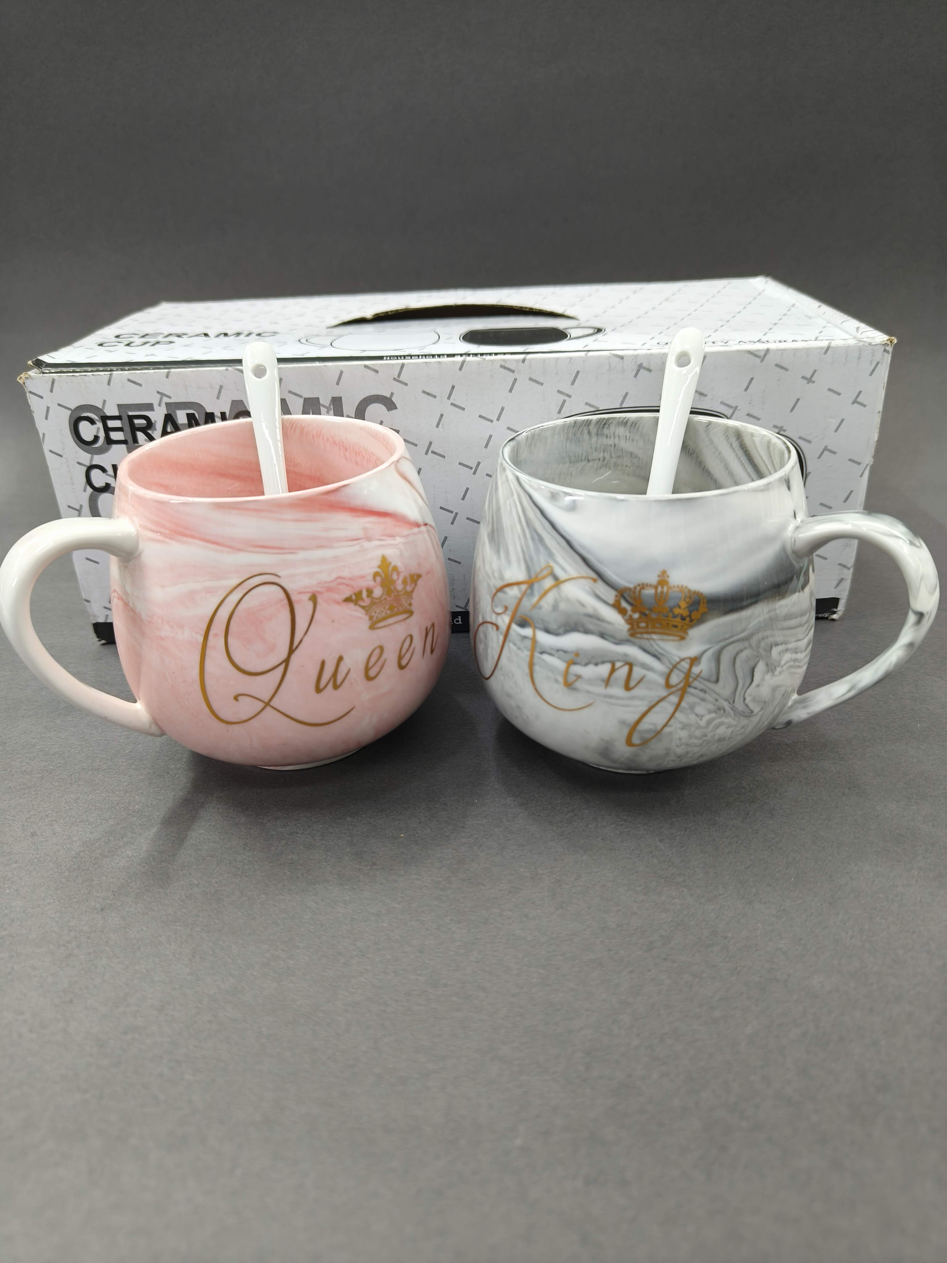 Royal Crown King and Queen Ceramic Coffee Mugs Set with Gold Spoon | Grey and Pink Marble Pattern, Gold Crown Design  | Tea Coffee Mugs | Gift for Couple, Wedding, Anniversary, Friends | Set of 2
