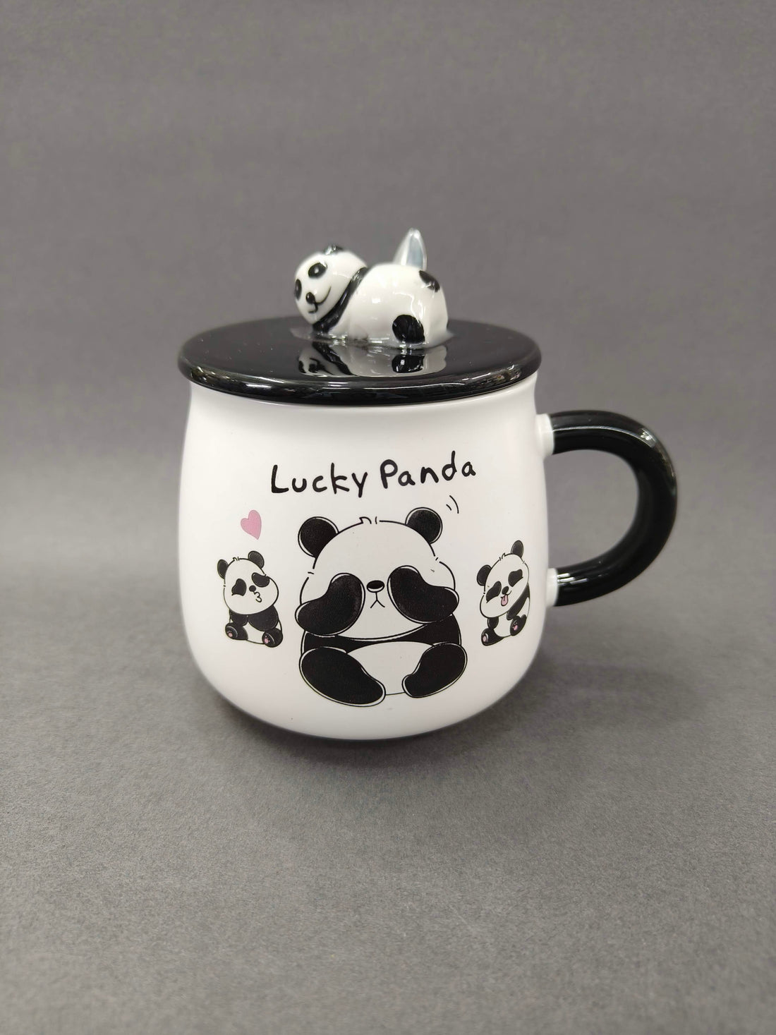 Cute Panda Ceramic Mug with Lid and Spoon 300 ml | Pak of 1 Panda Theme Cup for Hot & Cold Drinks, Milk, Juice, Coffee, Tea, Smoothie, Milkshake