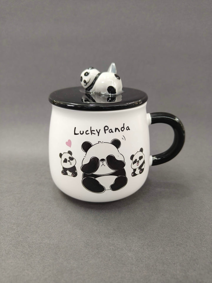 Cute Panda Ceramic Mug with Lid and Spoon 300 ml | Pak of 1 Panda Theme Cup for Hot & Cold Drinks, Milk, Juice, Coffee, Tea, Smoothie, Milkshake