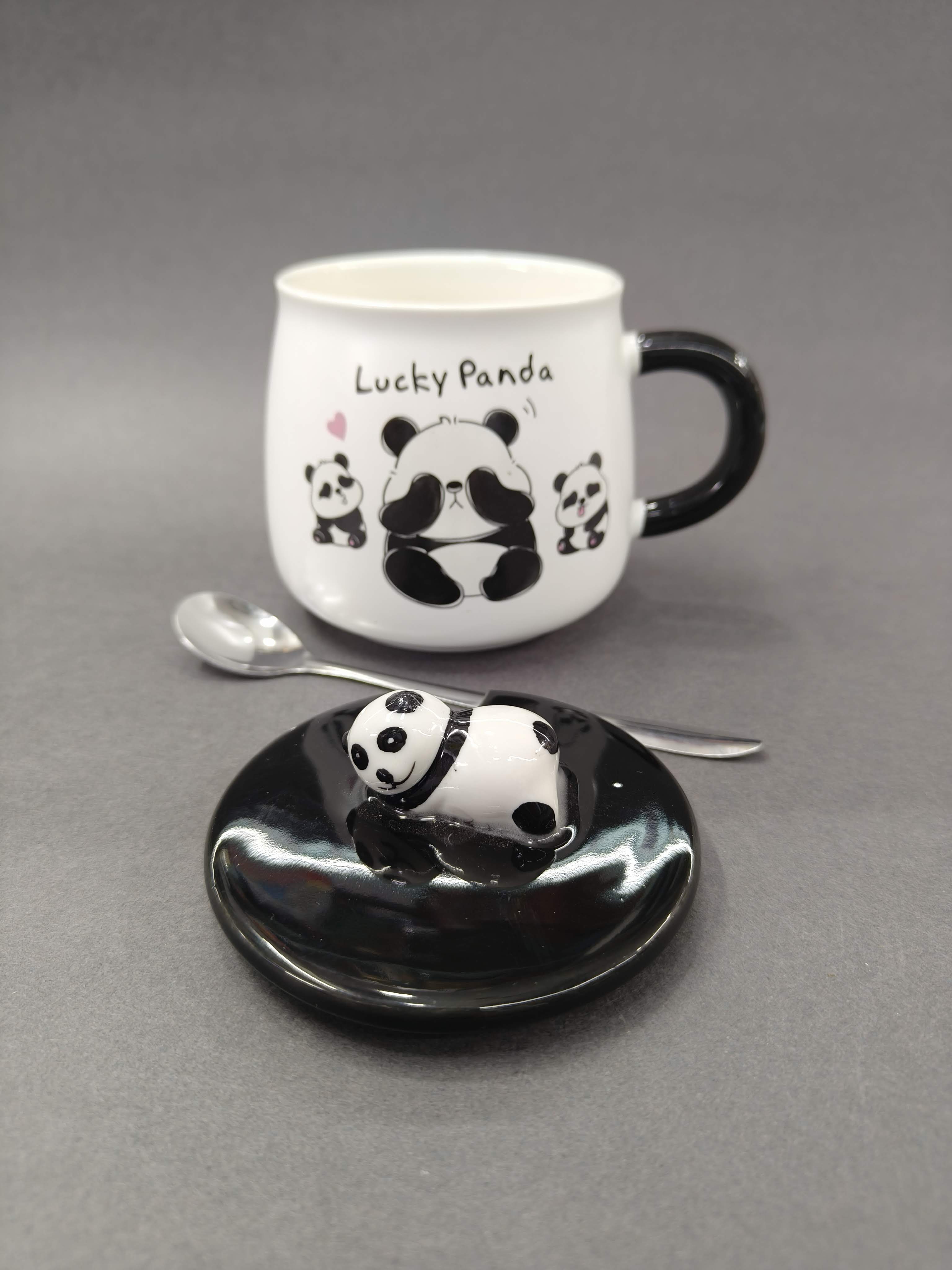 Cute Panda Ceramic Mug with Lid and Spoon 300 ml | Pak of 1 Panda Theme Cup for Hot & Cold Drinks, Milk, Juice, Coffee, Tea, Smoothie, Milkshake