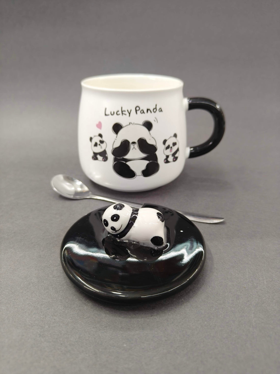 Cute Panda Ceramic Mug with Lid and Spoon 300 ml | Pak of 1 Panda Theme Cup for Hot & Cold Drinks, Milk, Juice, Coffee, Tea, Smoothie, Milkshake