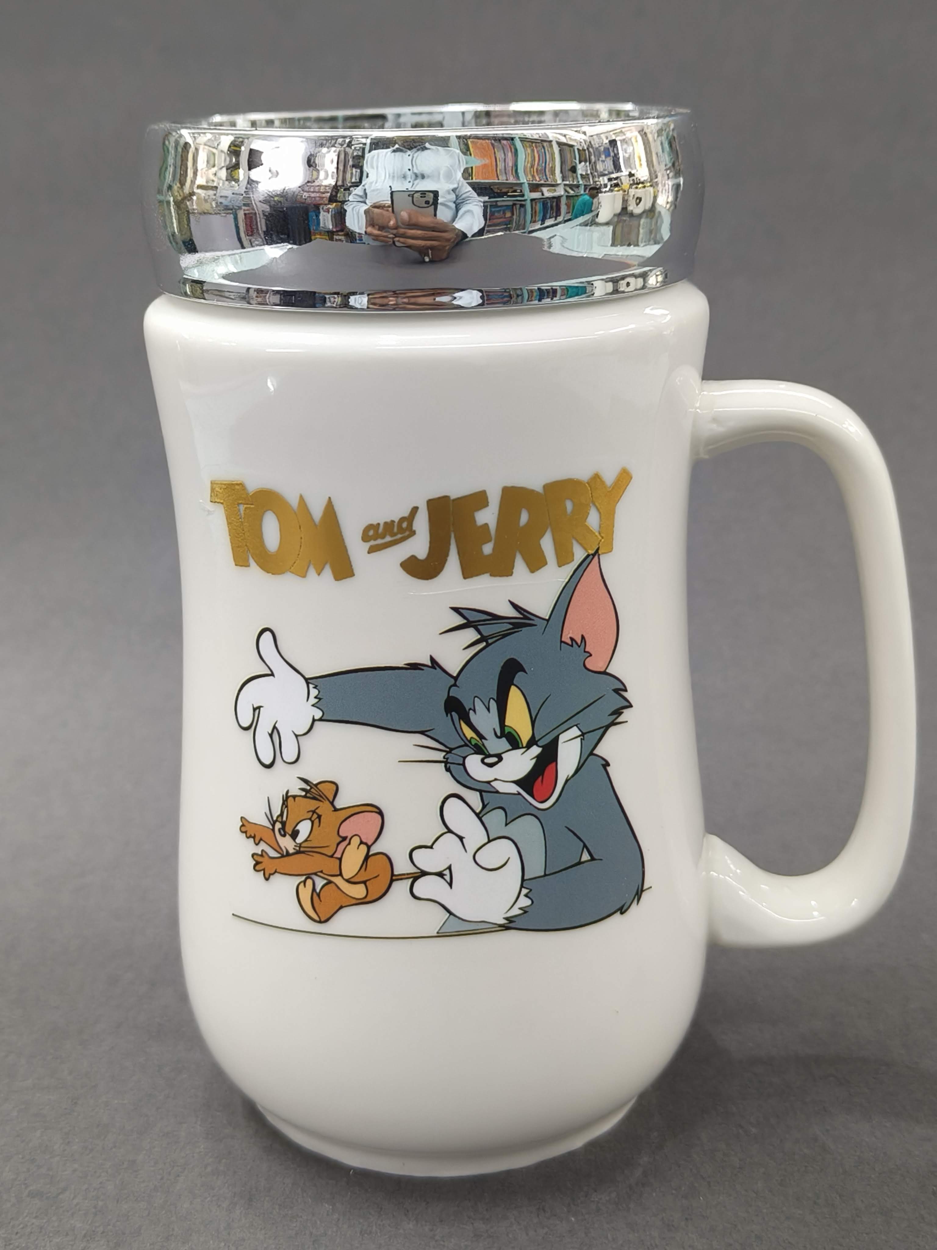 Ceramic Mug | Travel Mug with  Silver Mirror Lid | Mug for Hot & Cold Drinks, Milk, Juice, Coffee, Tea, Smoothie, Milkshake