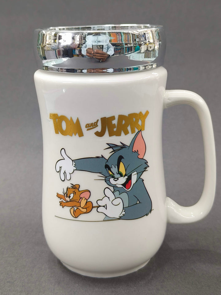 Ceramic Mug | Travel Mug with  Silver Mirror Lid | Mug for Hot & Cold Drinks, Milk, Juice, Coffee, Tea, Smoothie, Milkshake