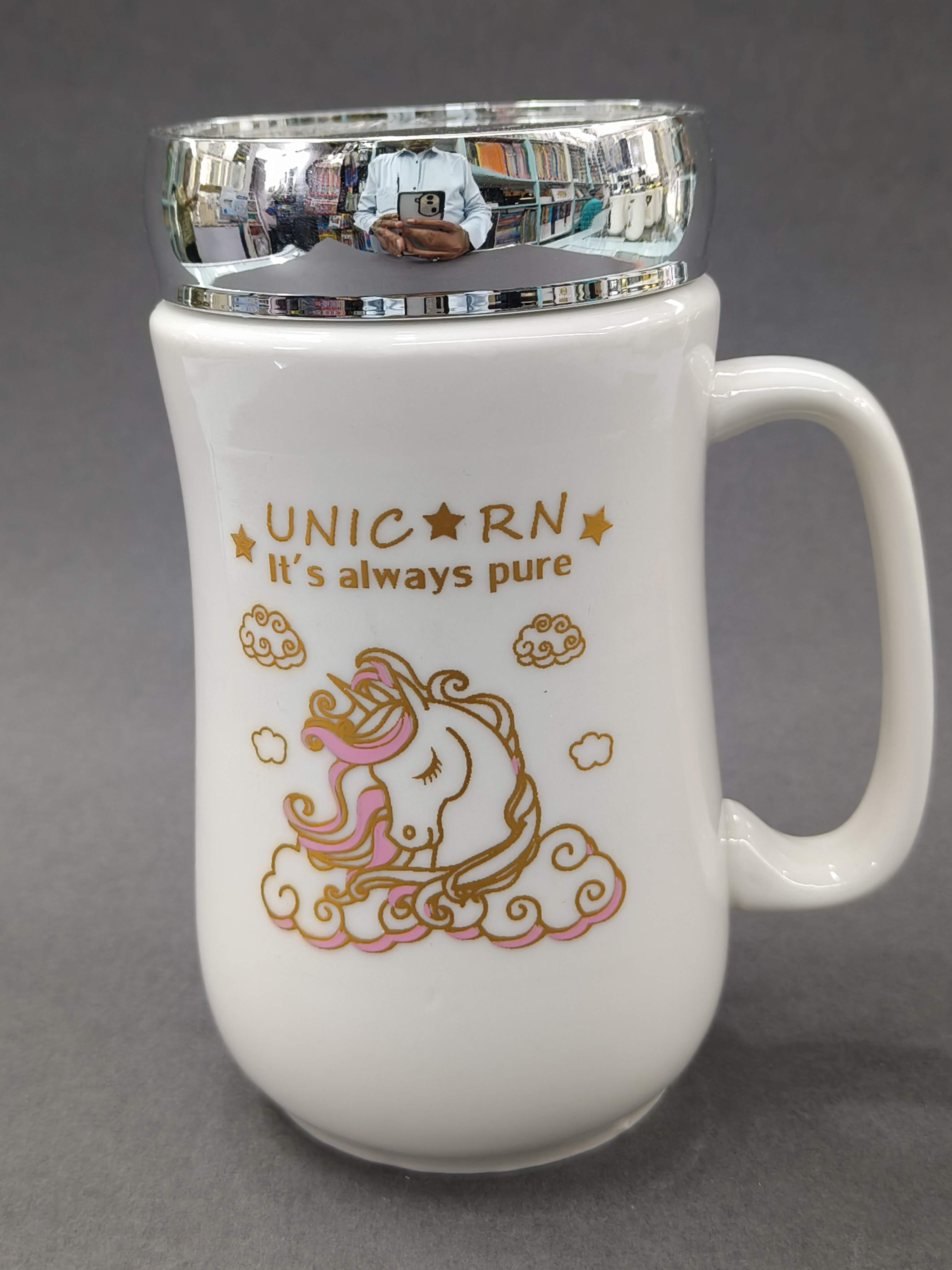 Ceramic Mug | Travel Mug with  Silver Mirror Lid | Mug for Hot & Cold Drinks, Milk, Juice, Coffee, Tea, Smoothie, Milkshake