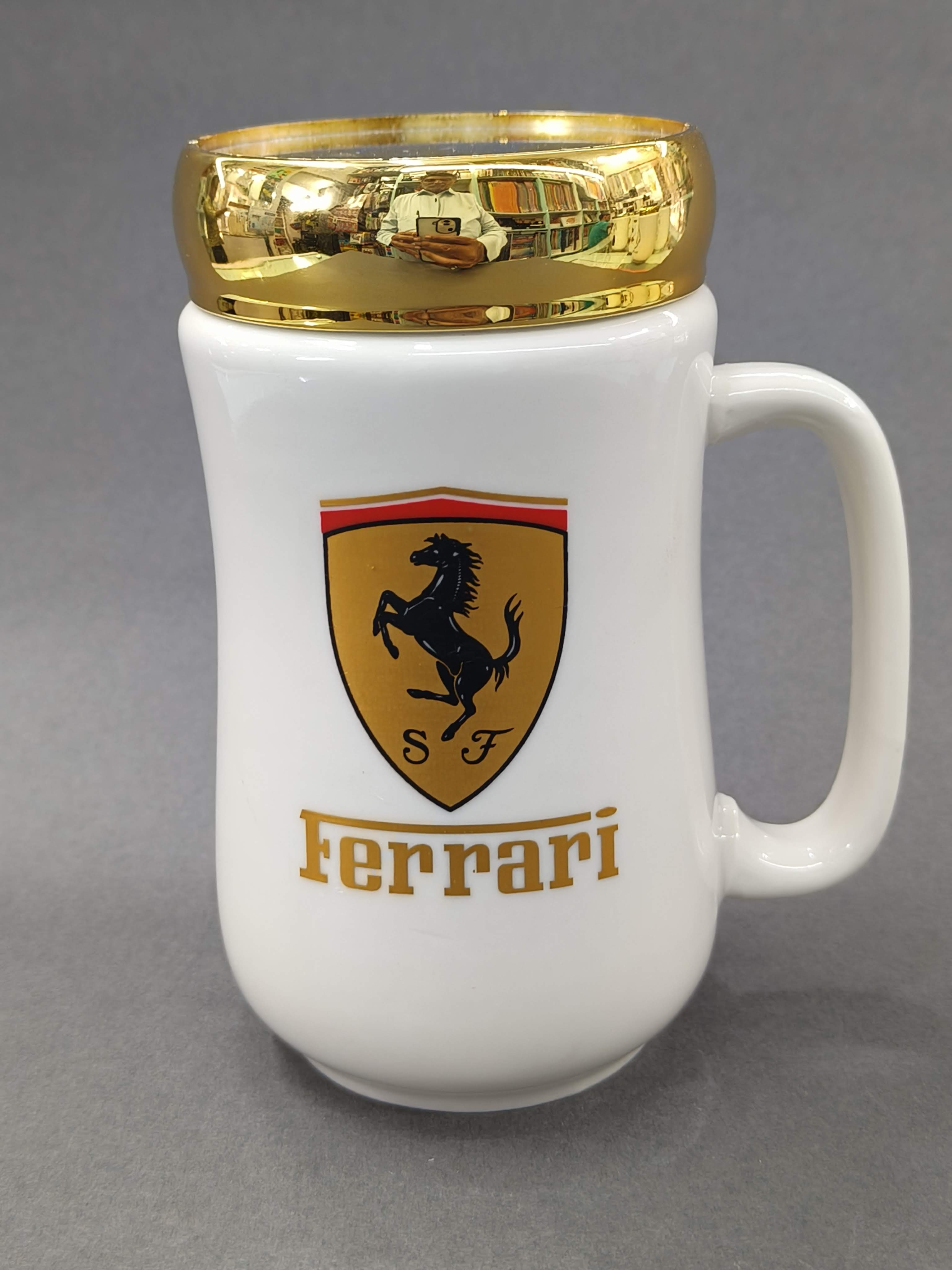 Car Ceramic Coffee Mug with Golden Mirror Lid | 400 ml White Tea & Coffee Mug | Premium Gift for Birthday, Anniversary, Office, Home Use