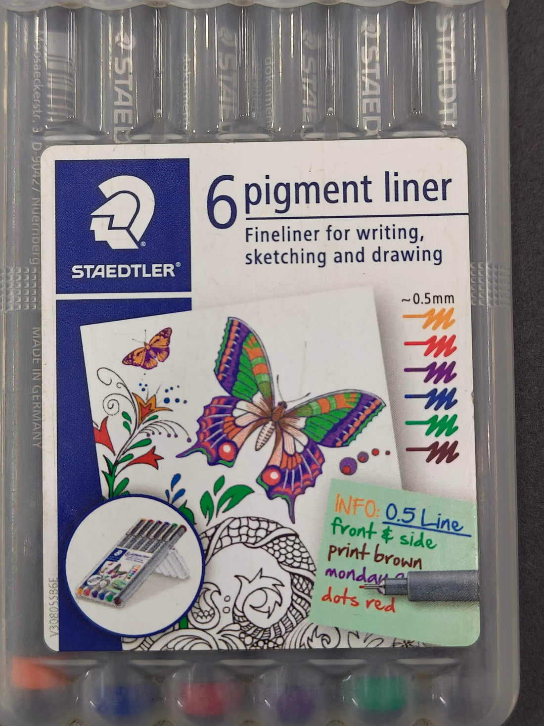 Staedtler Coloured 0.5 mm Pigment Liner Pens Set - Pack of 6