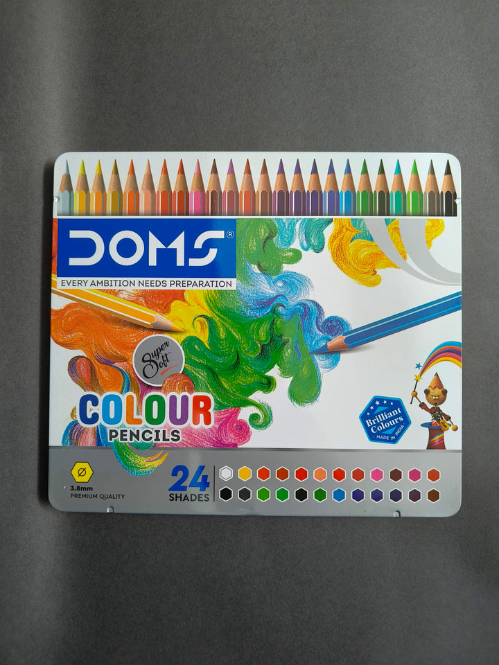 DOMS 24 Shades Super Soft Color Pencils Flat Tin Box | Smooth Color Application | For Blending & Experimenting Different Art Strokes | Non-Toxic & Safe For Children | Pack Of 1 | Multicolor